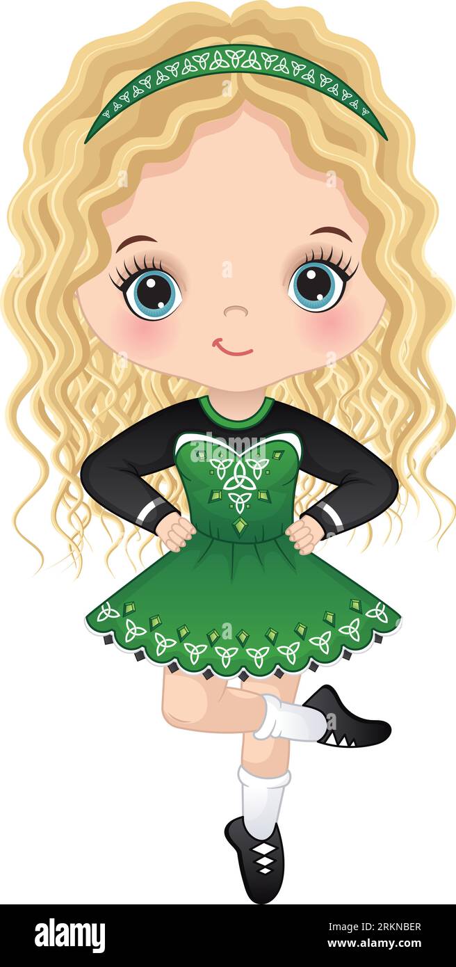 Vector Cute Girl Dancing Irish Dance in Traditional Celtic Dress Stock Vector