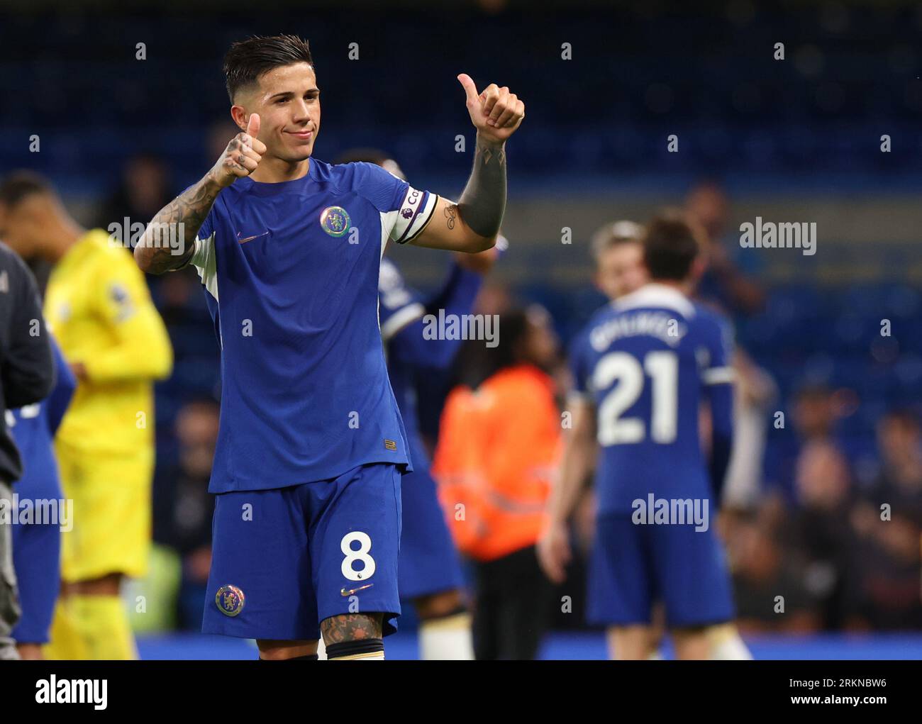 London, UK. 25th Aug, 2023. 25th August 2023; Stamford Bridge, Chelsea, London, England: Premier League Football, Chelsea versus Luton Town; Enzo Fernandez of Chelsea gives the thumbs up after the 3-0 win Credit: Action Plus Sports Images/Alamy Live News Stock Photo