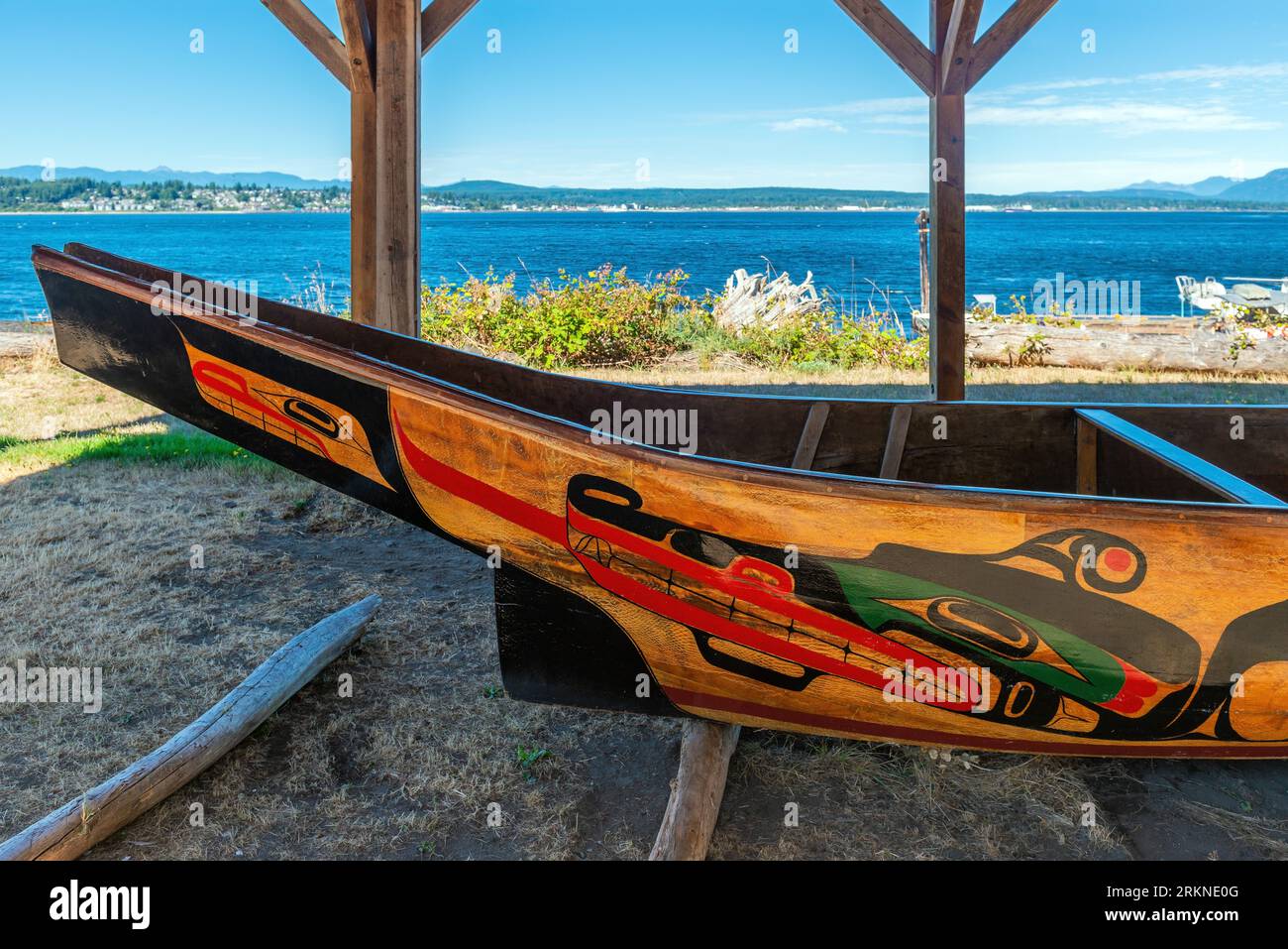 Traditional canoe of the We Wai Kai first nation native people in the village of Cape Mudge, Quadra Island, Canada. Stock Photo