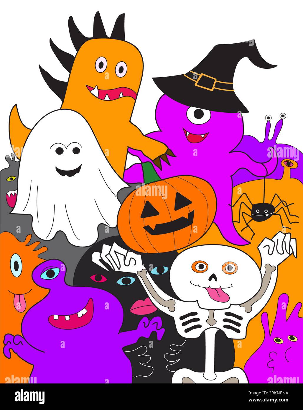 Group of cute funny ghost monsters and skeleton celebrate Halloween holiday together. Happy colorful characters cartoon drawing. Stock Photo