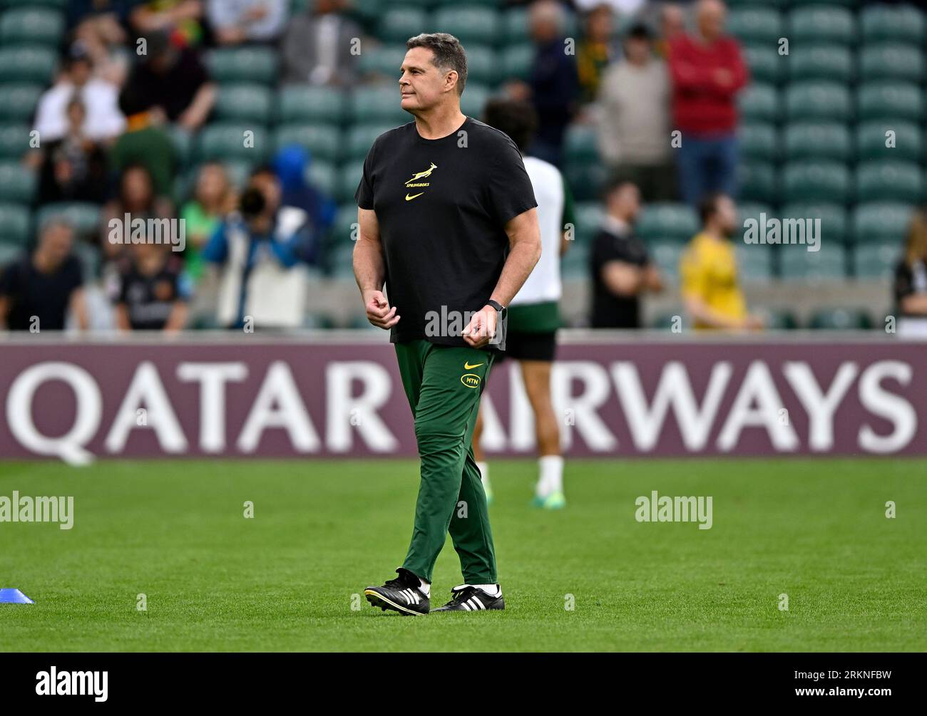 Twickenham, United Kingdom. 25th Aug, 2023. New Zealand V South Africa 2023 Rugby World Cup warm up match for the Qatar Airways Cup. Twickenham Stadium. Twickenham. Rassie Erasmus (South Africa, Director of Rugby) during the warm up before the New Zealand V South Africa 2023 Rugby World Cup warm up match for the Qatar Airways Cup. Credit: Sport In Pictures/Alamy Live News Stock Photo