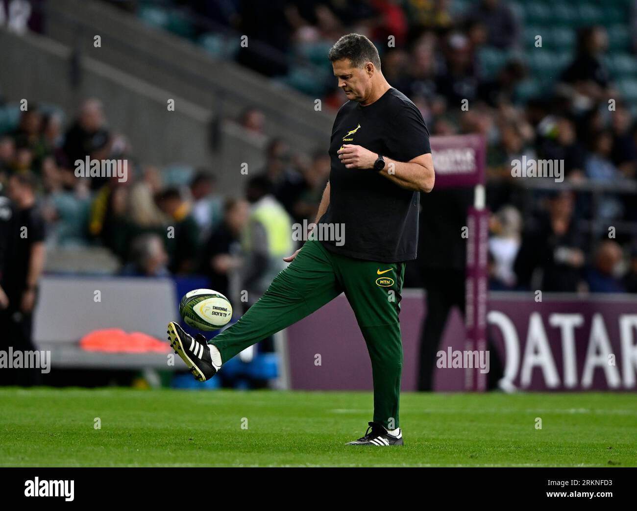 Twickenham, United Kingdom. 25th Aug, 2023. New Zealand V South Africa 2023 Rugby World Cup warm up match for the Qatar Airways Cup. Twickenham Stadium. Twickenham. Rassie Erasmus (South Africa, Director of Rugby) during the warm up before the New Zealand V South Africa 2023 Rugby World Cup warm up match for the Qatar Airways Cup. Credit: Sport In Pictures/Alamy Live News Stock Photo