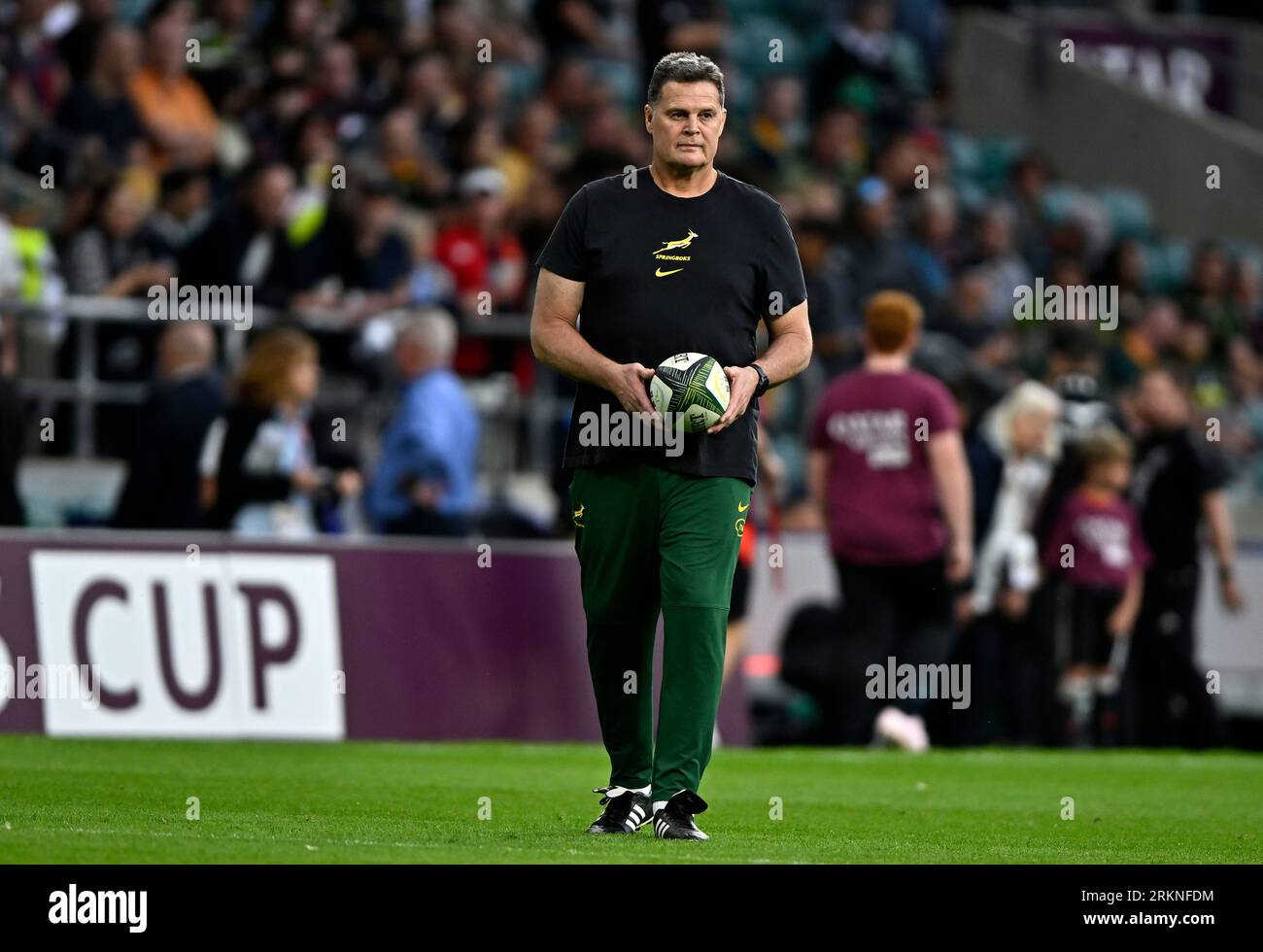 Twickenham, United Kingdom. 25th Aug, 2023. New Zealand V South Africa 2023 Rugby World Cup warm up match for the Qatar Airways Cup. Twickenham Stadium. Twickenham. Rassie Erasmus (South Africa, Director of Rugby) during the warm up before the New Zealand V South Africa 2023 Rugby World Cup warm up match for the Qatar Airways Cup. Credit: Sport In Pictures/Alamy Live News Stock Photo