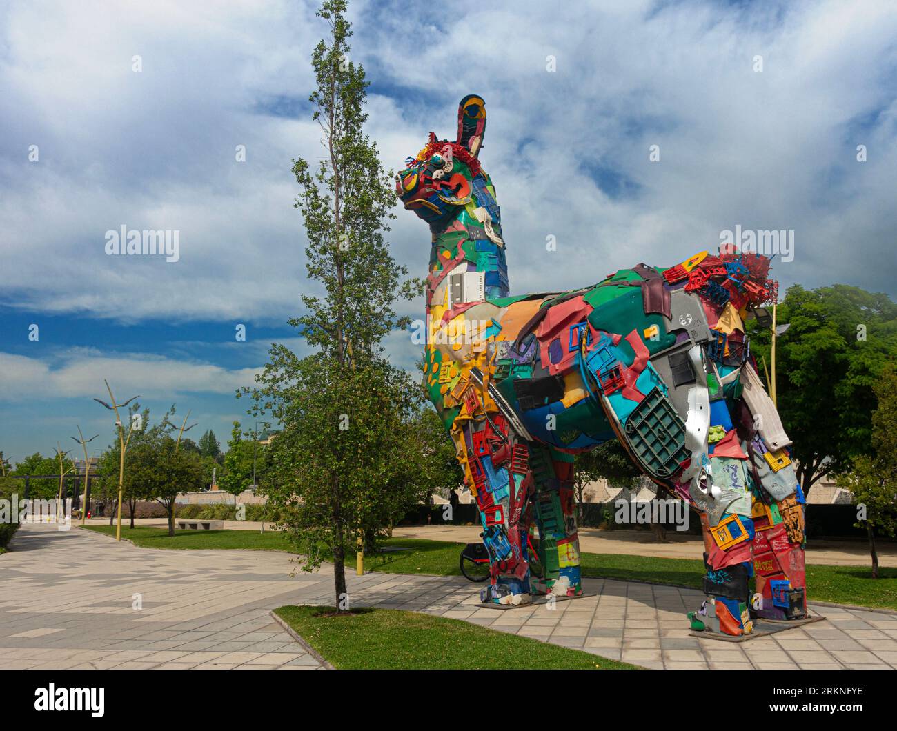 Llama Andina, an artwork created out of recycled materials by the Portuguese artist Bordalo II, in Parque Titanium in the Sanhattan, Santiago,Chile. Stock Photo