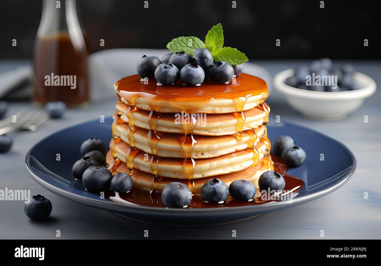 Delectable Pancakes Overflowing with Succulent Blueberries, Harmonizing with Velvety Syrup, Captured on a Stylish Grey Table with a Light Background Stock Photo