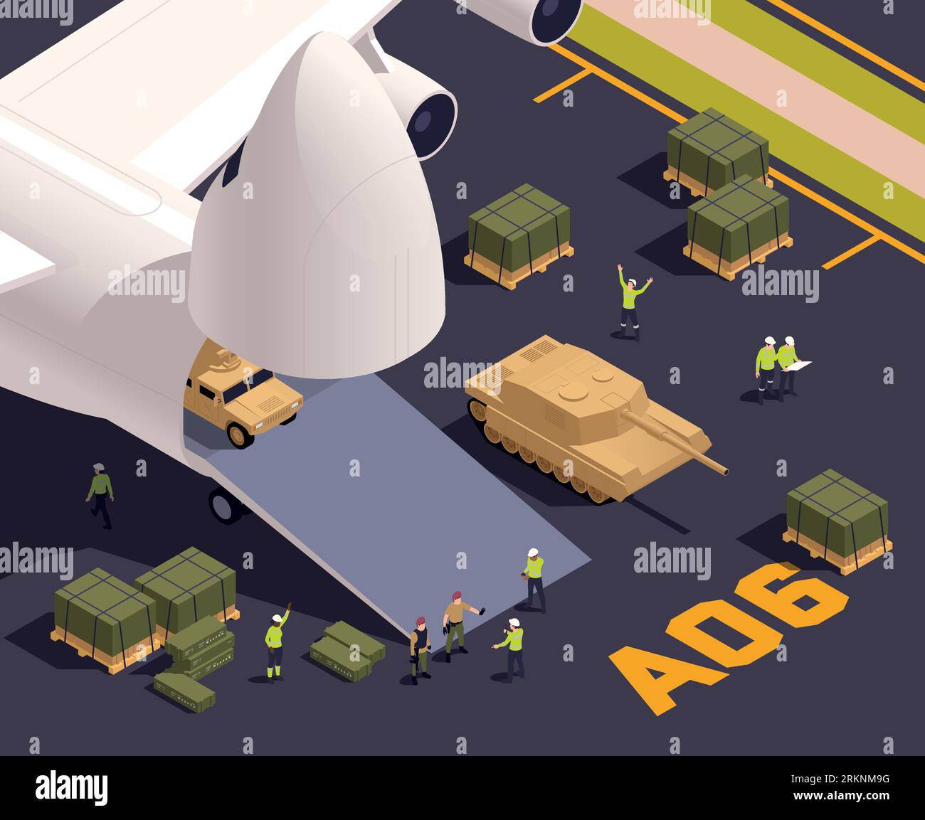 Air cargo isometric concept with military machines loading into aircraft vector illustration Stock Vector