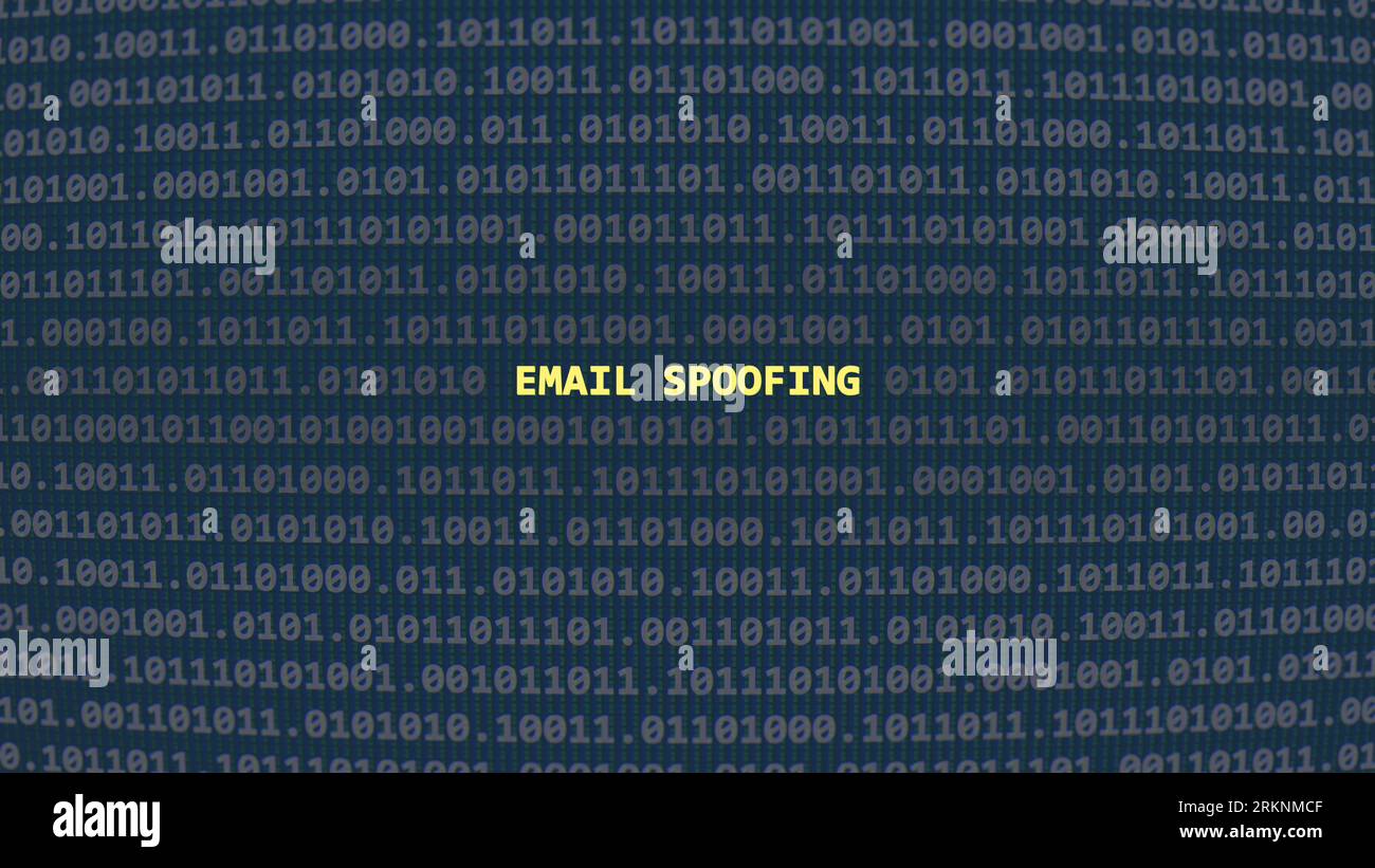 Cyber attack email spoofing. Vulnerability text in binary system ascii art style, code on editor screen. Text in English, English text Stock Photo