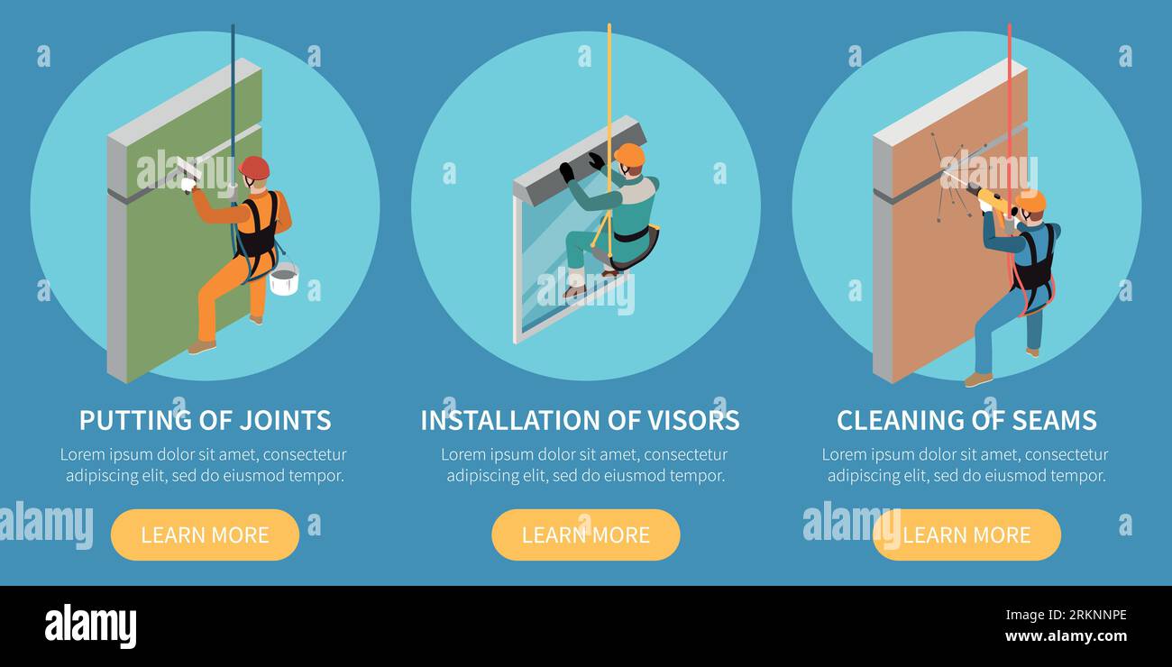 Height works design concept set of three isometric compositions depicting visors installation putting of joints cleaning of seams vector illustration Stock Vector