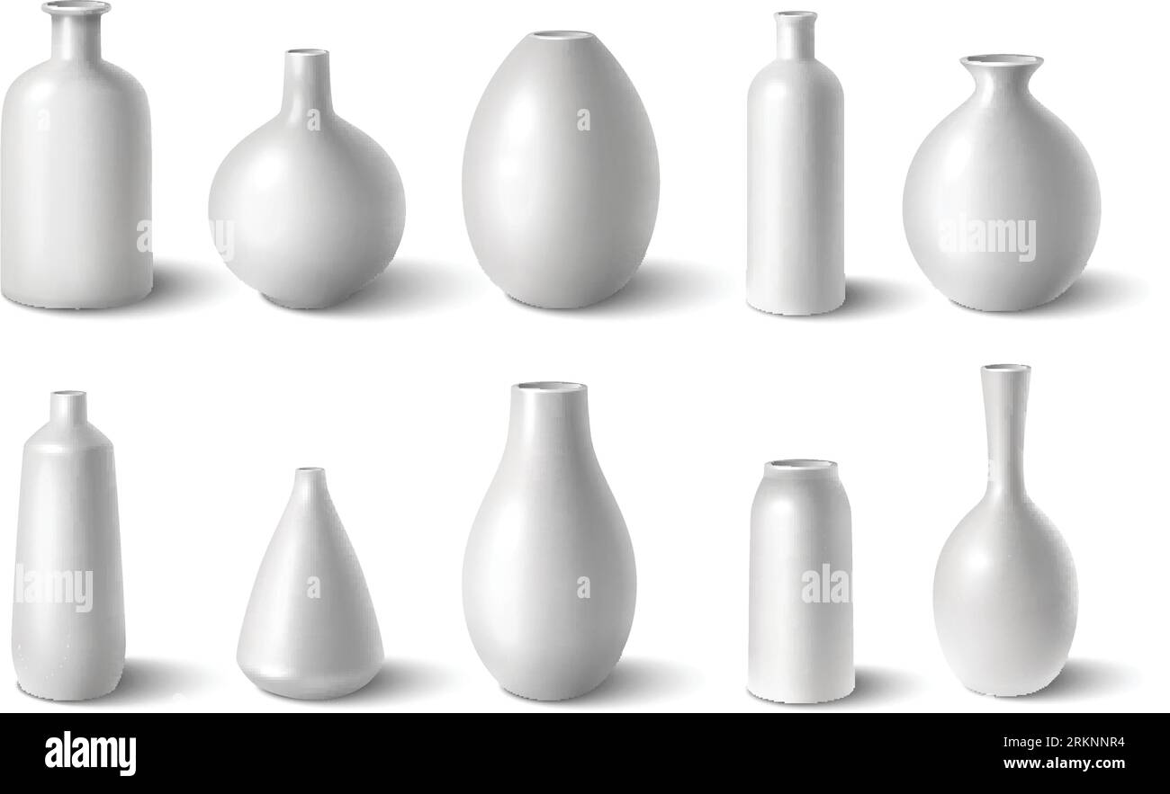 Glossy white ceramic porcelain vases realistic set isolated vector ...