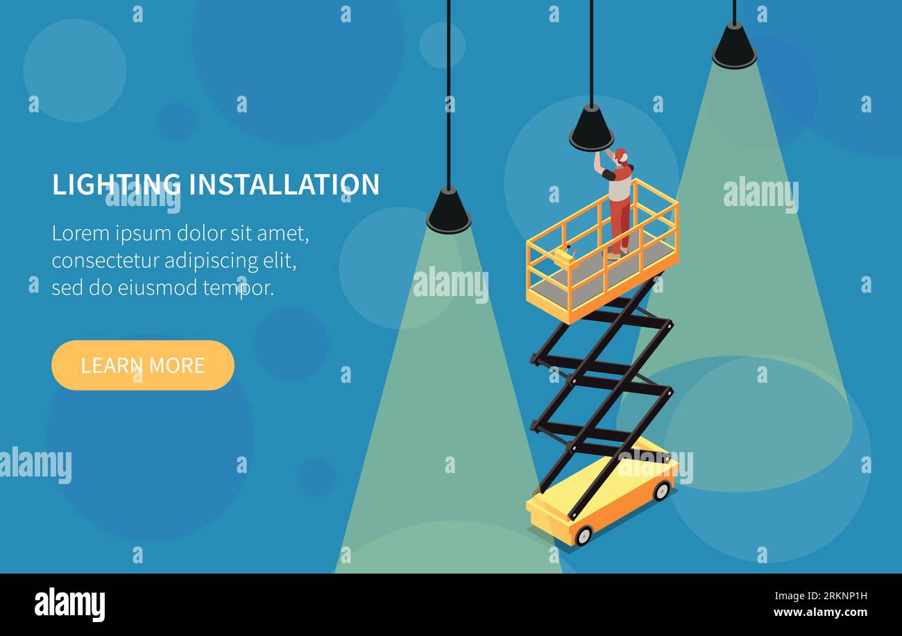 Height work isometric banner with workman performing lighting installation using scissors lift platform vector illustration Stock Vector