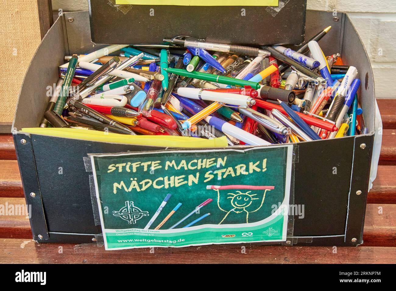 pens are collected, donation campaign for girls in Africa, Germany, Hesse Stock Photo
