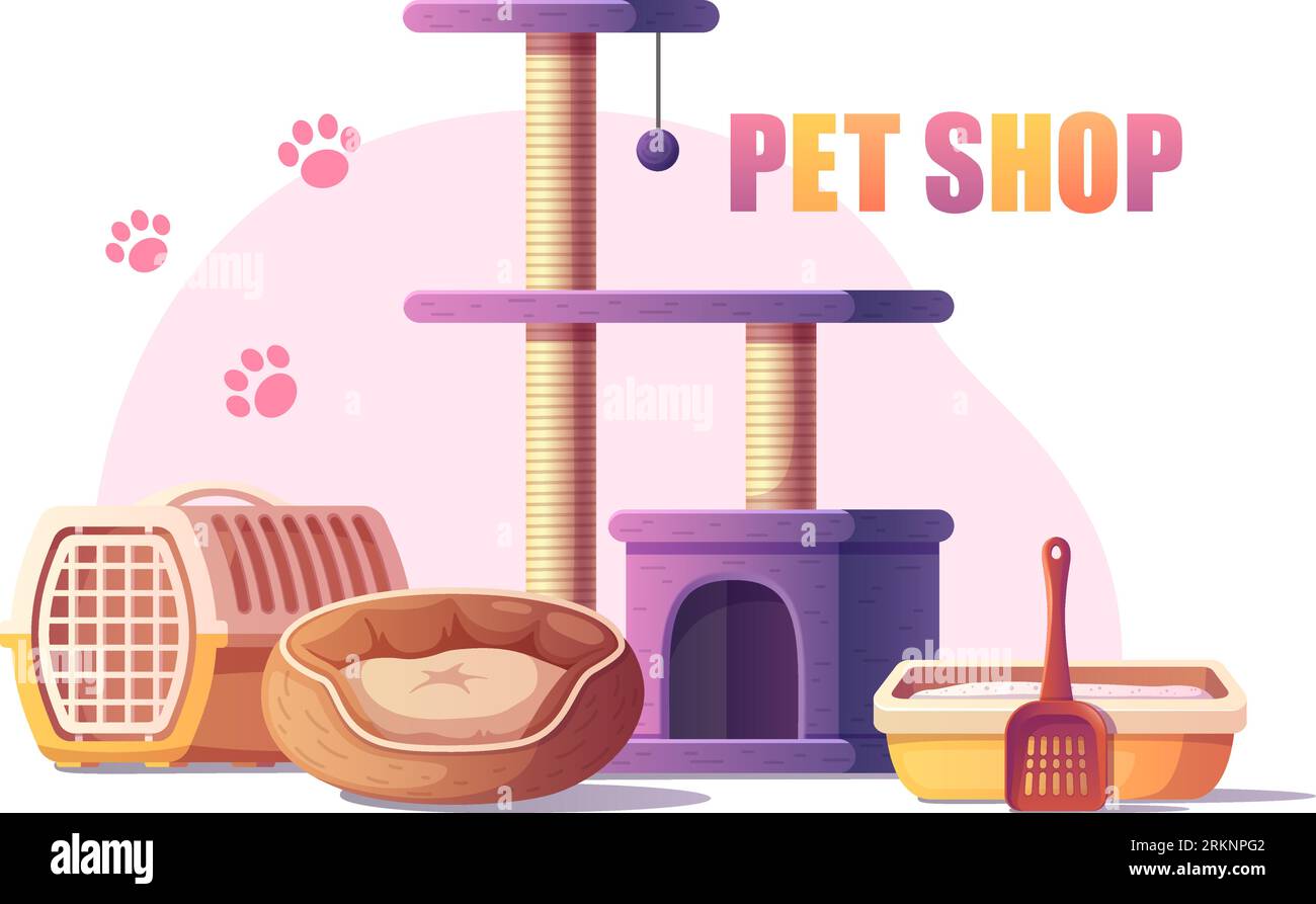 Pet shop goods with cat tree bed litter tray carrier cartoon vector