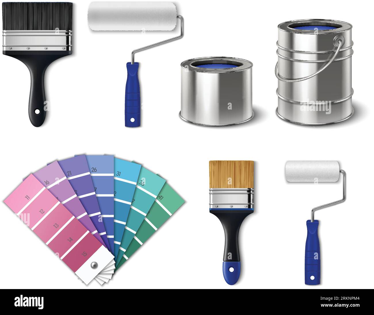 Painting tools realistic set with isolated palette paint cans rollers
