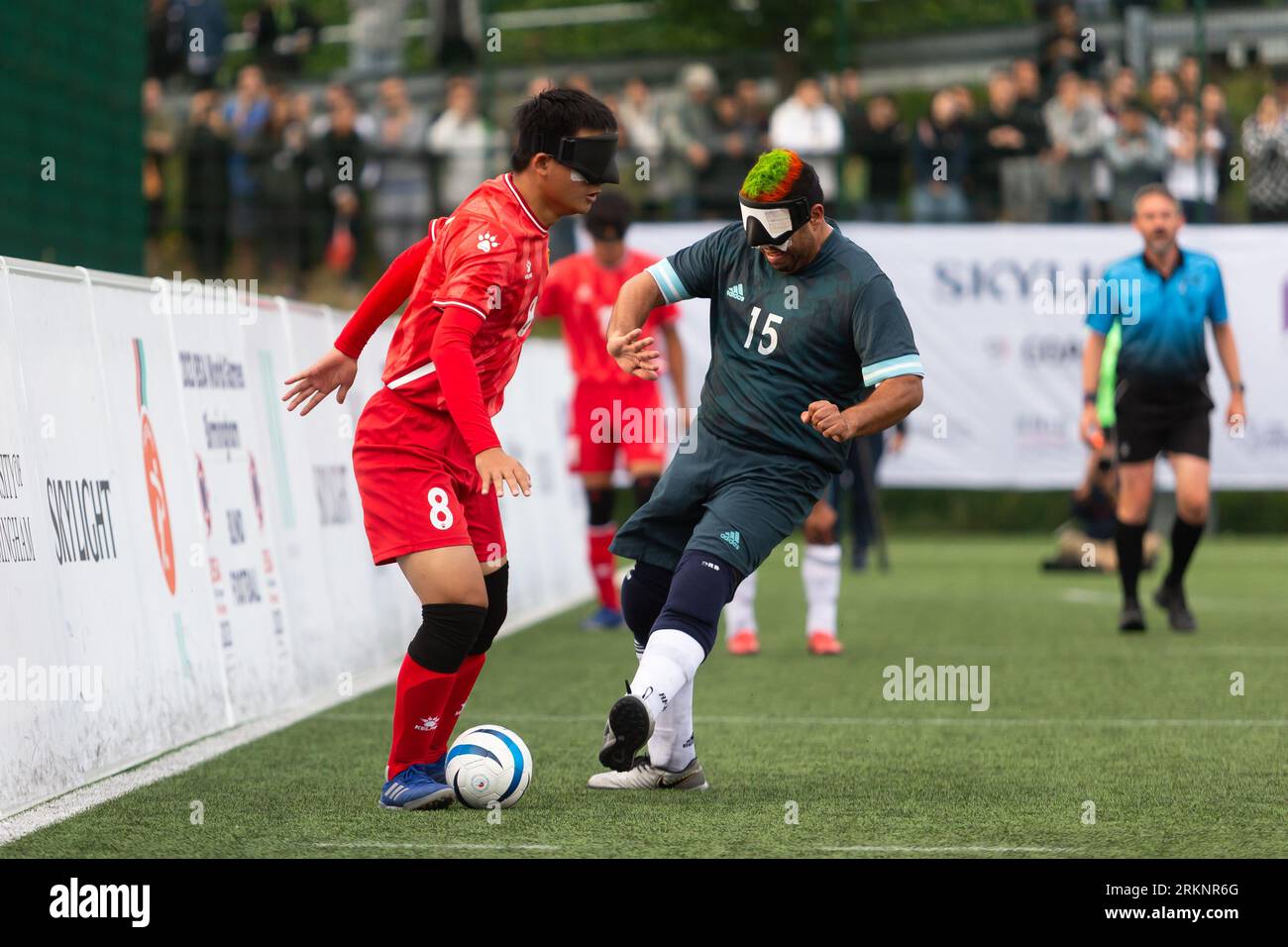 Birmingham, UK. 25th Aug, 2023. Argentina win the IBSA Blind Football World Cup final 2 - 0 on penalties against China at Birmingham University, 25th August, 2023. Aregentina's Espinillo Maximiliano tackles Haifu. Credit: Peter Lopeman/Alamy Live News Stock Photo