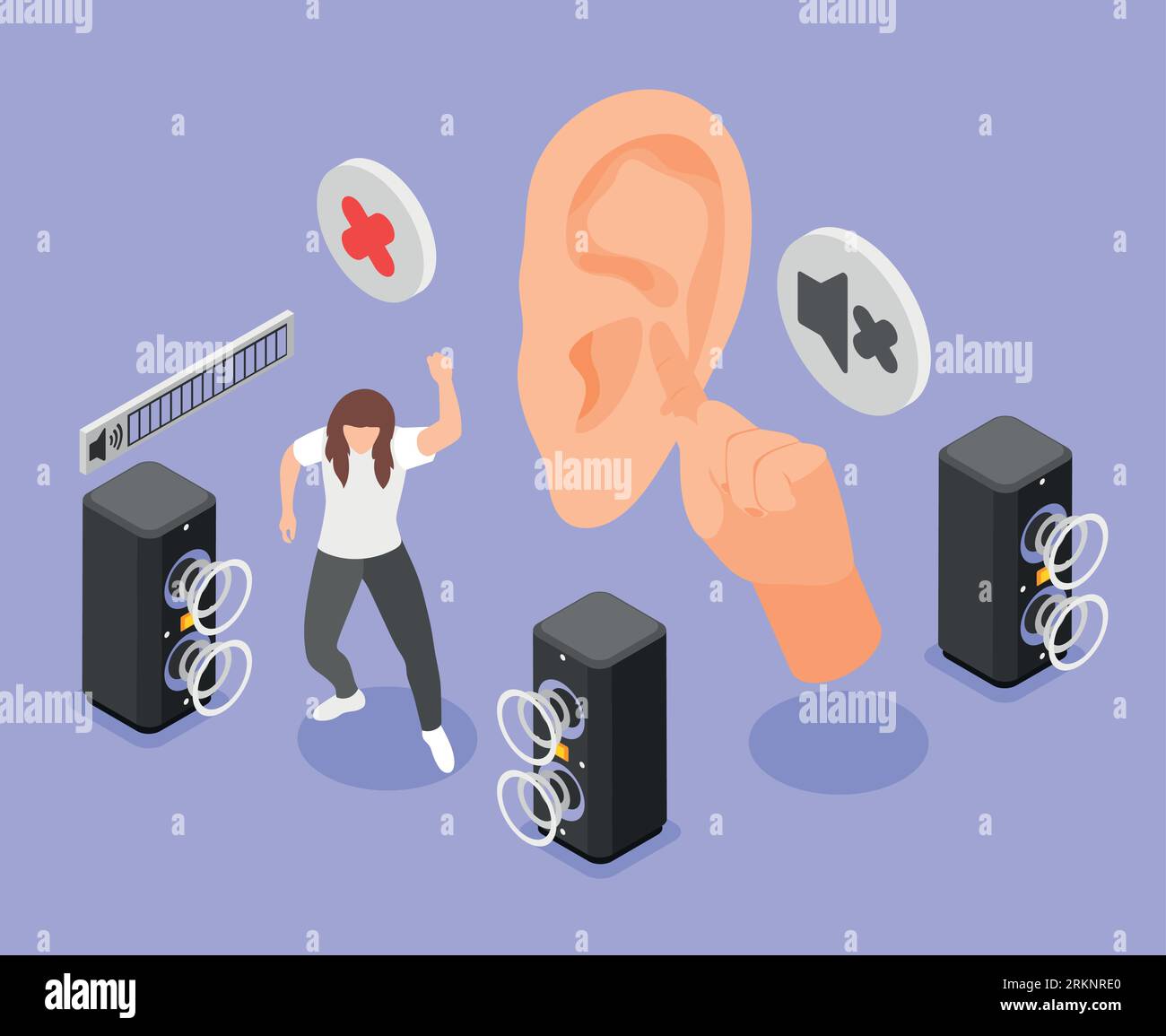 Hearing hygiene and deafness prevention isometric composition with young woman dancing to very loud music vector illustration Stock Vector