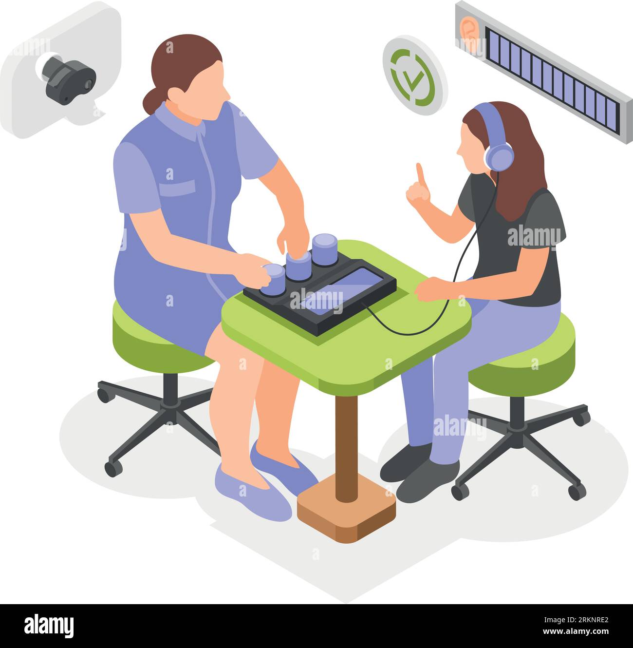 Hearing check isometric composition with doctor audiologist in medical gown doing hearing test vector illustration Stock Vector