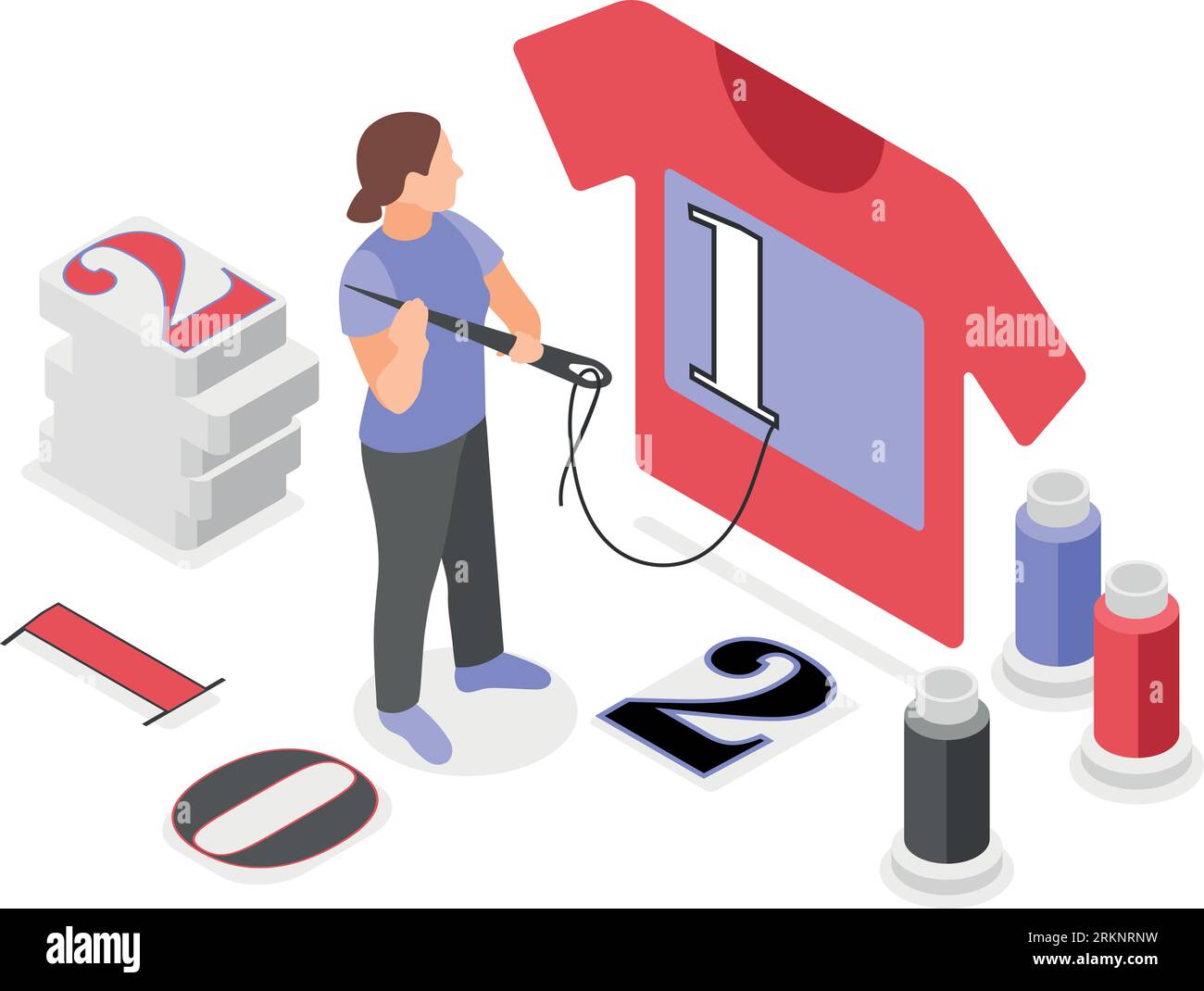 Fabric printing technologies concept with woman with big needle sewing