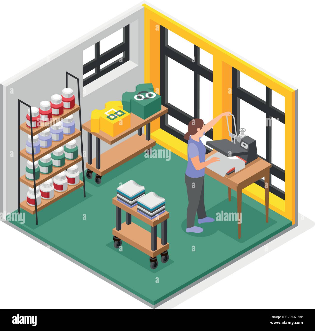 Fabric printing technologies isometric object with woman making print