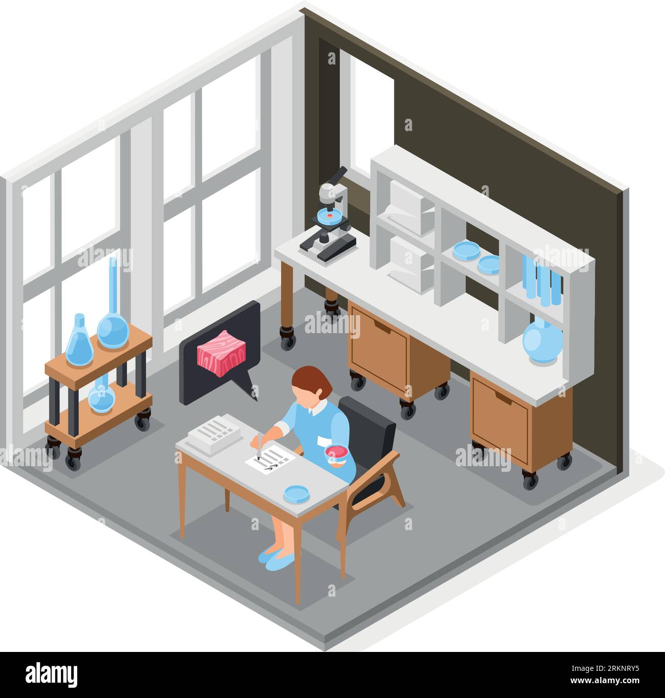 Artificial grown meat laboratory isometric object with staff working ...