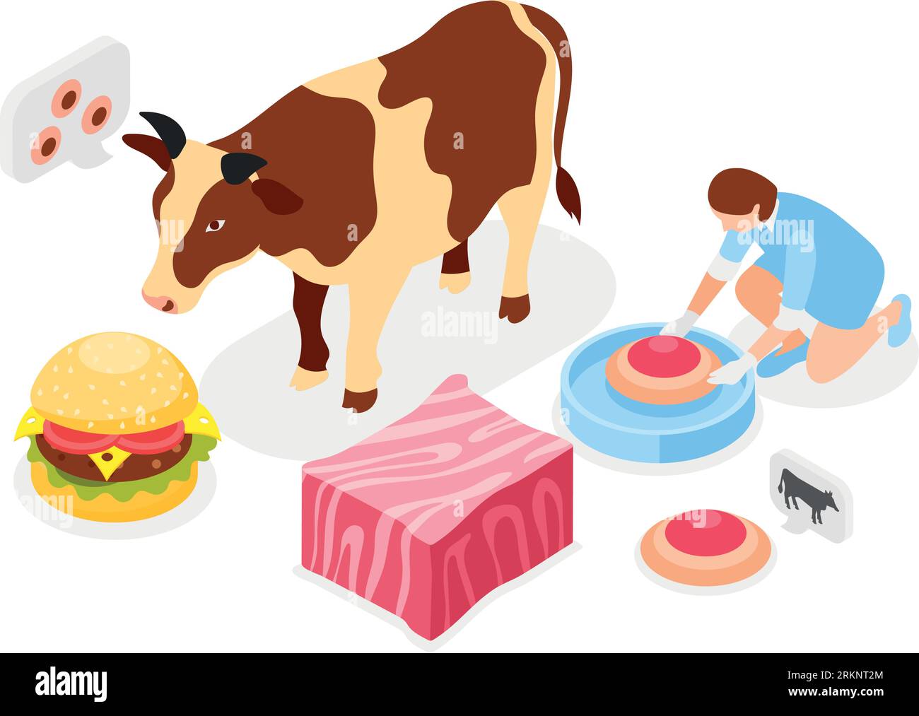 Artificial grown meat isometric concept with cow character and cultured