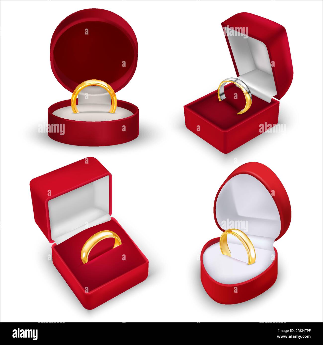 Realistic red ring box set of four isolated views with wedding rings in