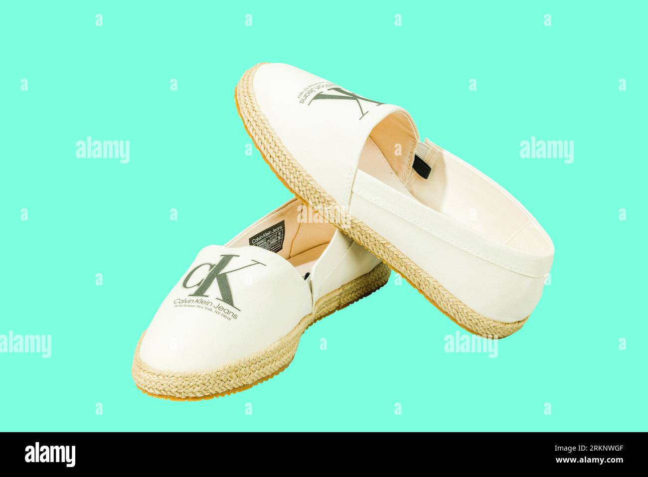 Close-up view of Calvin Klein espadrilles sandals isolated on white  background. Sweden Stock Photo - Alamy