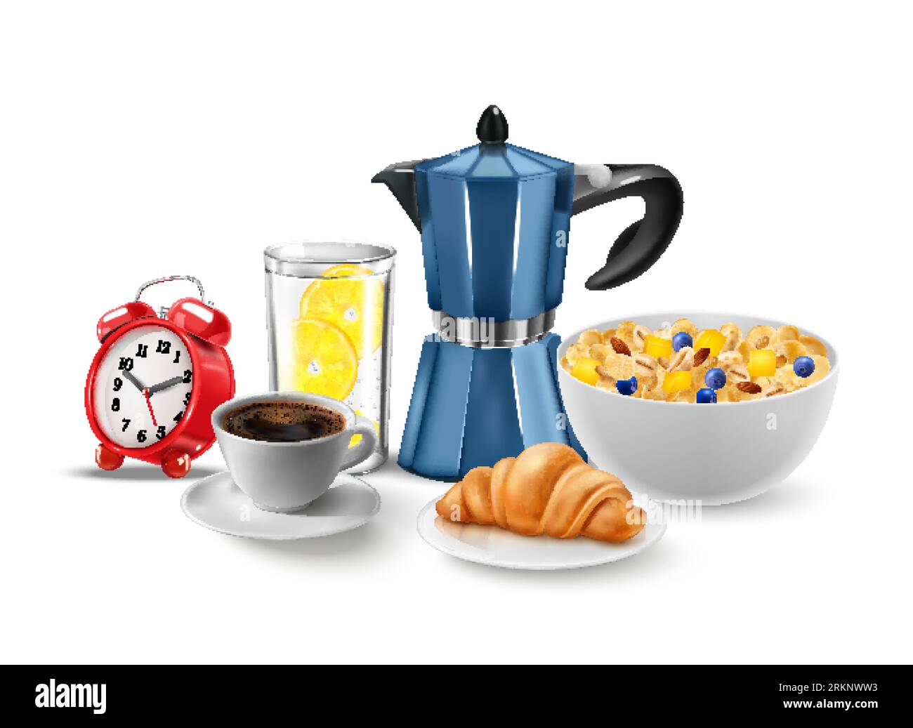 Realistic morning composition of coffee cup croissant oatmeal lemon water and alarm clock on blank background vector illustration Stock Vector