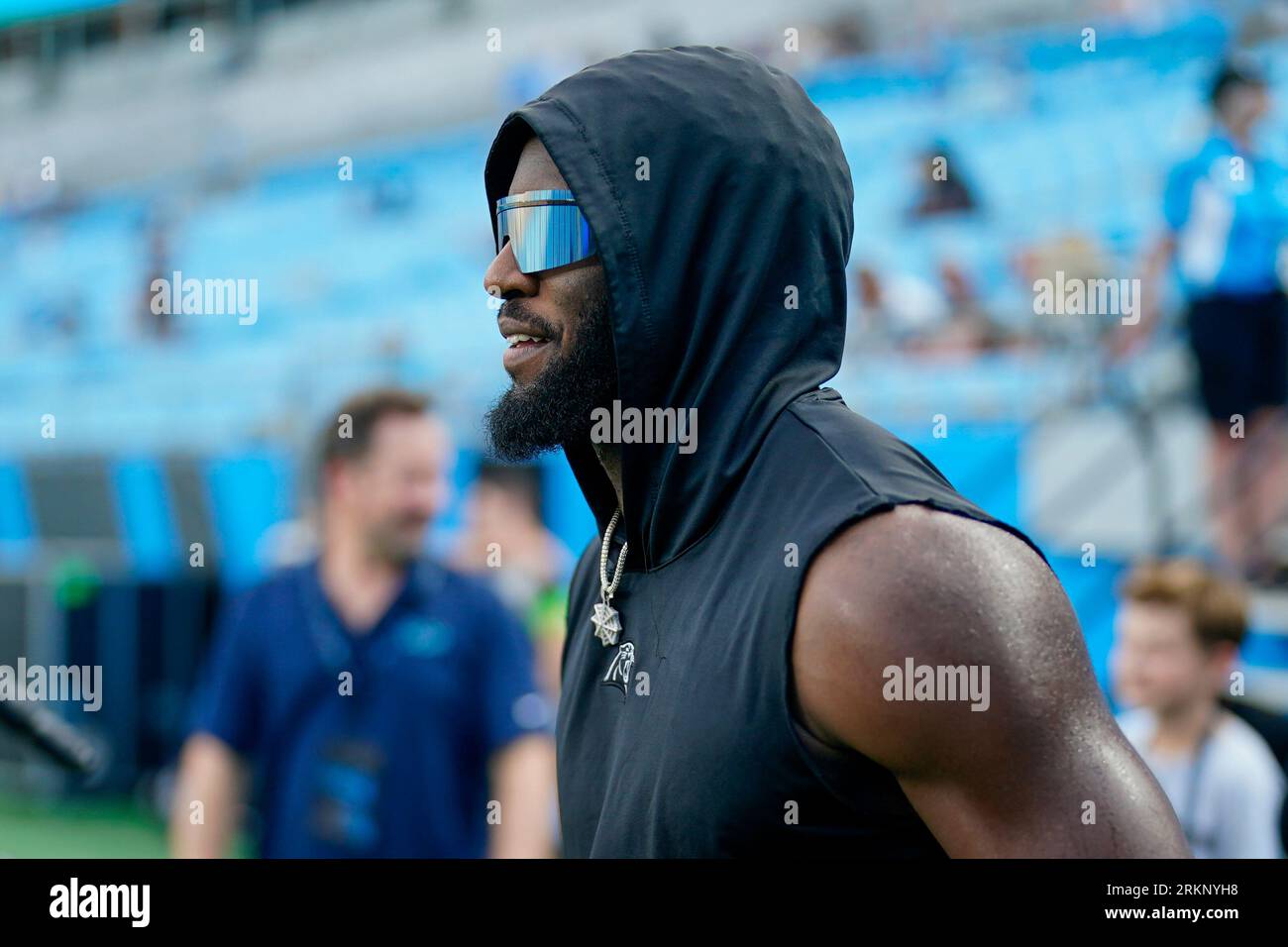 Carolina Panthers linebacker Brian Burns (0) wears a Spida face shield  prior to an NFL preseason football game against the Detroit Lions, Friday,  Aug. 25, 2023, in Charlotte, N.C. (AP Photo/Brian Westerholt