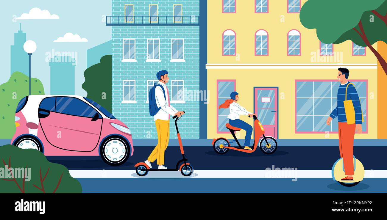 Electric eco transport flat concept with people riding scooter monowheel bicycle vector illustration Stock Vector