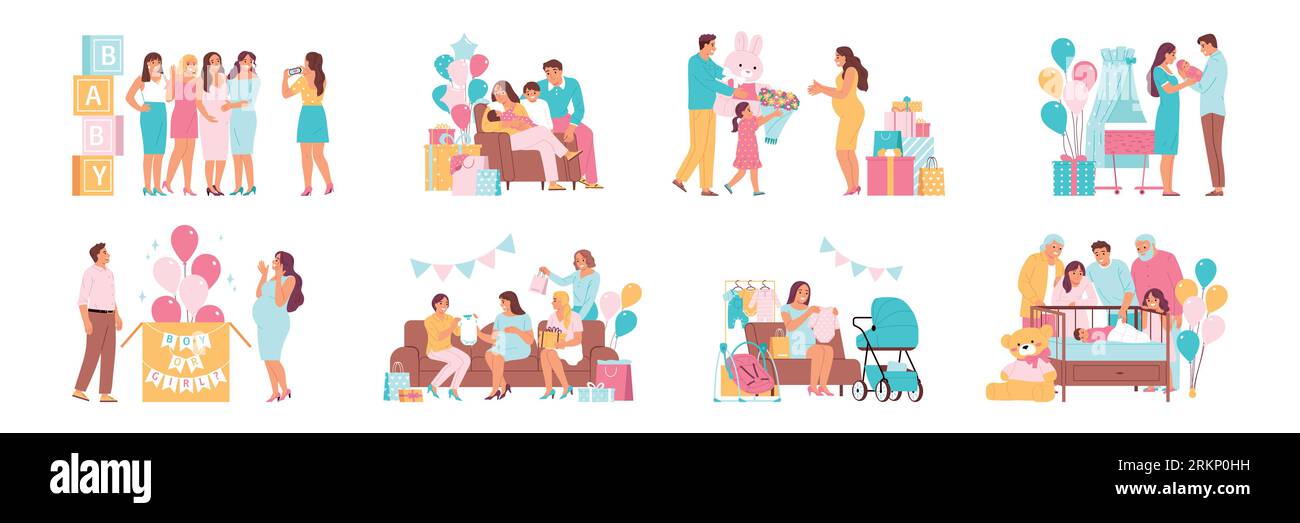 Happy parents during baby shower party and with newborn babies flat set