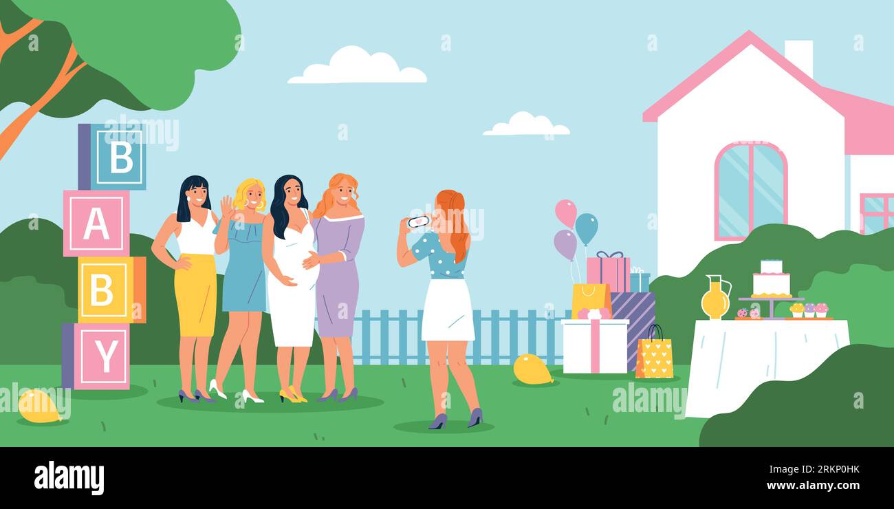 Outdoor baby shower party with happy expecting mother and her friends taking photos flat vector illustration Stock Vector