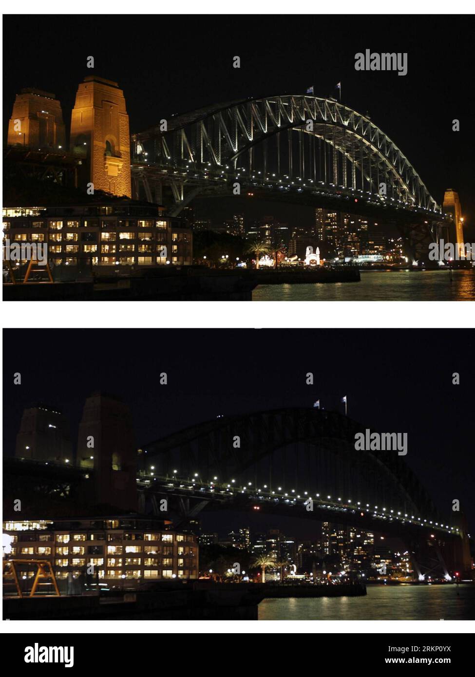 Bildnummer: 57789428  Datum: 31.03.2012  Copyright: imago/Xinhua (120331) -- SYDNEY, March 31, 2012 (Xinhua) -- The combo photo taken on March 31, 2012 shows Sydney Harbour Bridge before (top) and during the Earth Hour in Sydney, Australia. The Earth Hour, initiated by the World Wild Fund for Nature in 2007, calls on families and buildings to turn off the lights for one hour on the last Saturday night of March. (Xinhua/Jin Linpeng) (zjl) AUSTRALIA-SYDNEY-EARTH HOUR PUBLICATIONxNOTxINxCHN Gesellschaft Klimaschutz Umweltschutz earth hour xda x0x 2012 hoch      57789428 Date 31 03 2012 Copyright Stock Photo