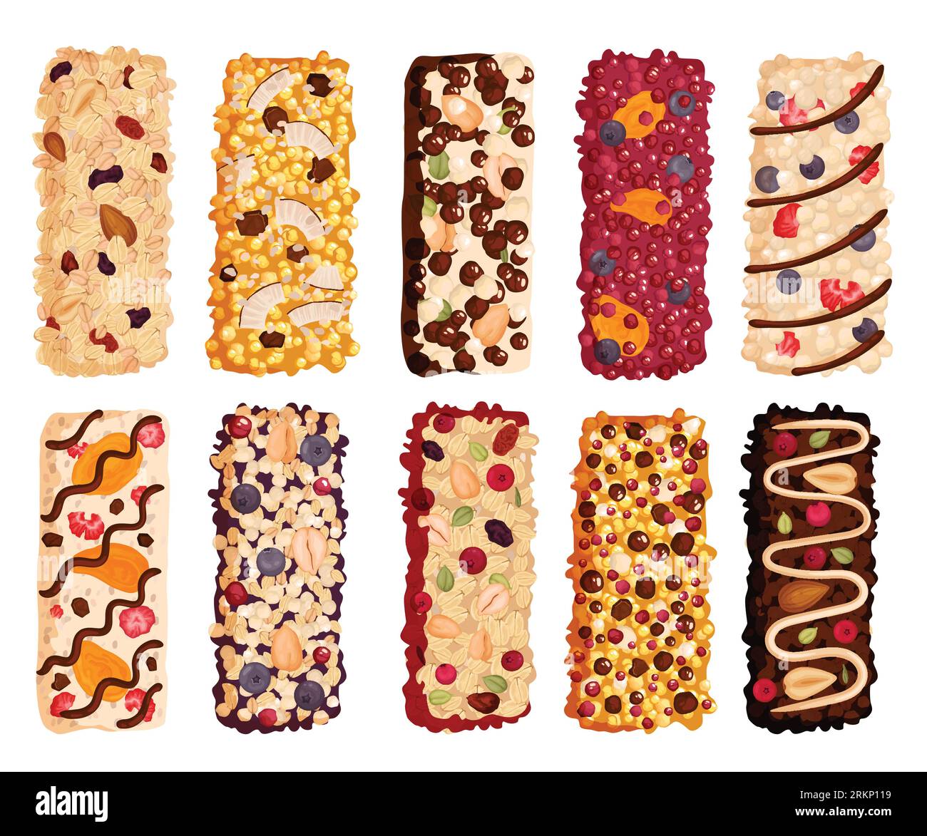 Healthy granola protein bars set with ten isolated top view images of