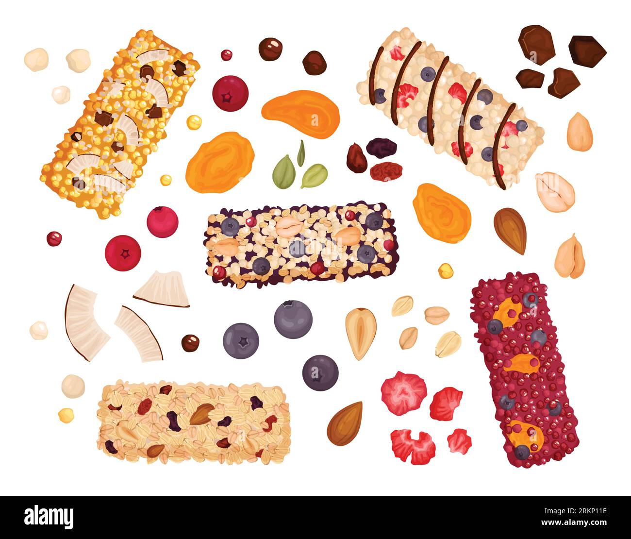 Healthy bar grain nuts set with isolated seeds berries and whole