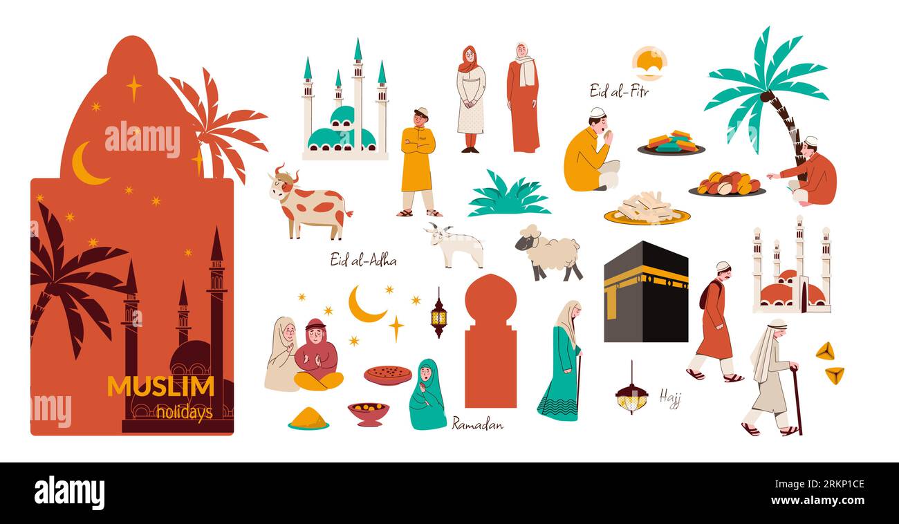 Muslim holidays set with flat isolated icons of tropical trees mosques