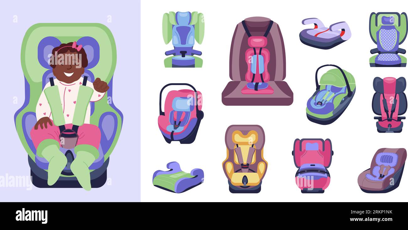 Children car seat set with flat safety seats on blank background with