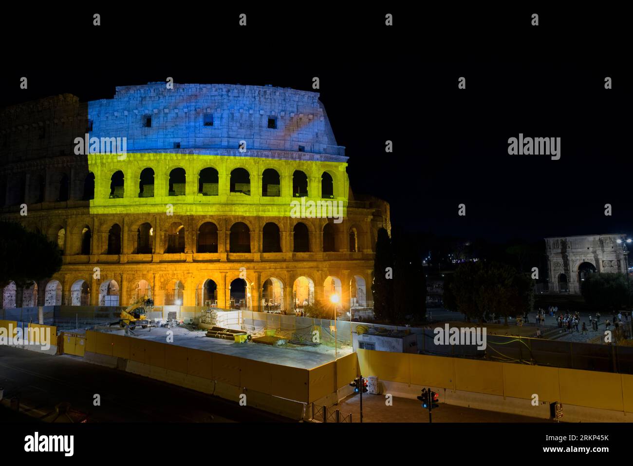 Rome, Italy. 24th Aug, 2023. The flag of Ukraine is projected onto the wall of the Colosseum on the day of celebrating the Ukrainian independence from the USSR in Rome. On 24th August, Ukrainians celebrate Ukraine's Independence Day to commemorate the 1991 declaration of independence from the USSR. UNHCR estimates that around 6 million refugees have left Ukraine since the Russian invasion, about 170,000 would reside in Italy. (Credit Image: © Marcello Valeri/ZUMA Press Wire) EDITORIAL USAGE ONLY! Not for Commercial USAGE! Stock Photo