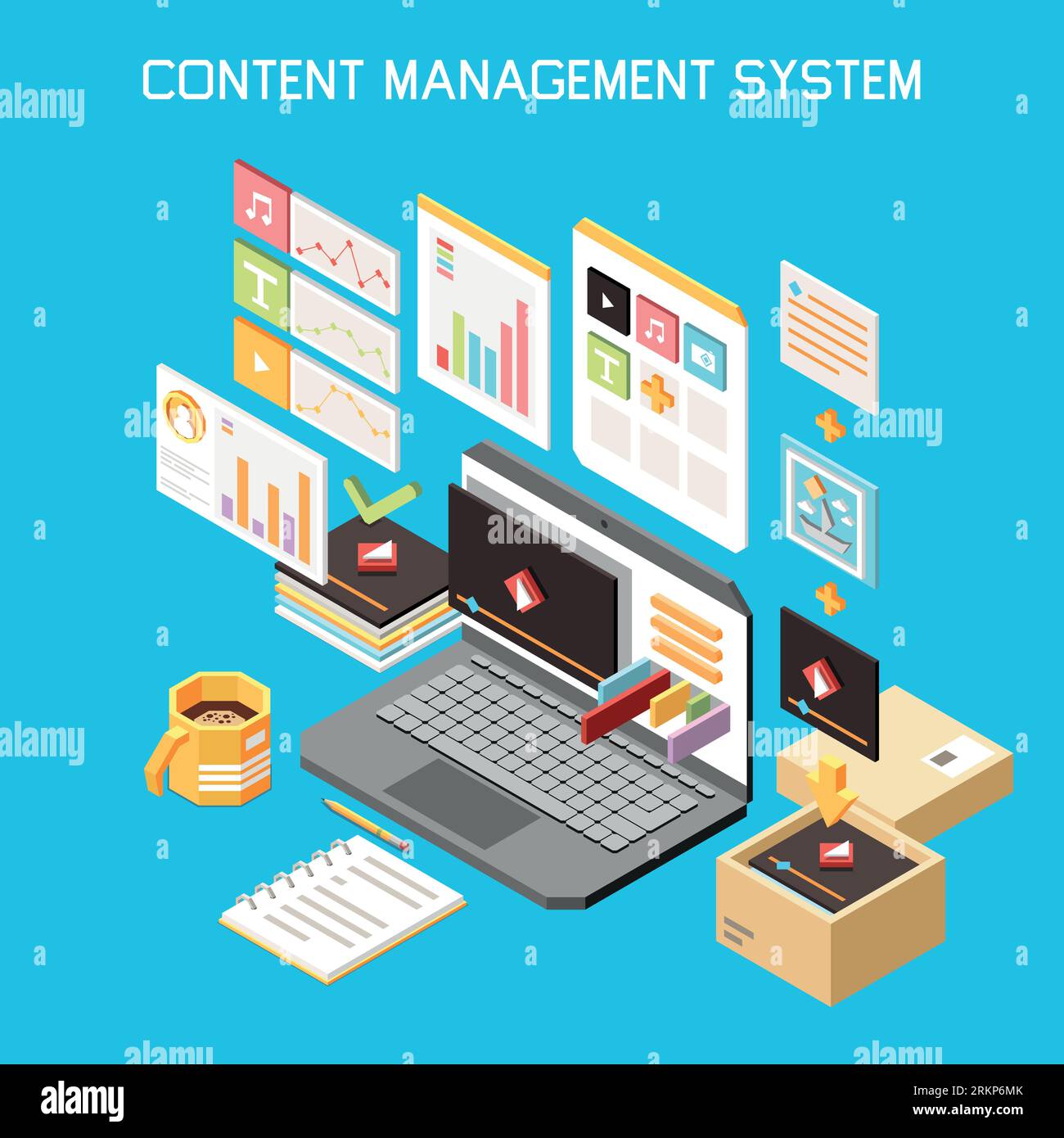 Content management isometric colored composition with content management system headline and isolated icons vector illustration Stock Vector