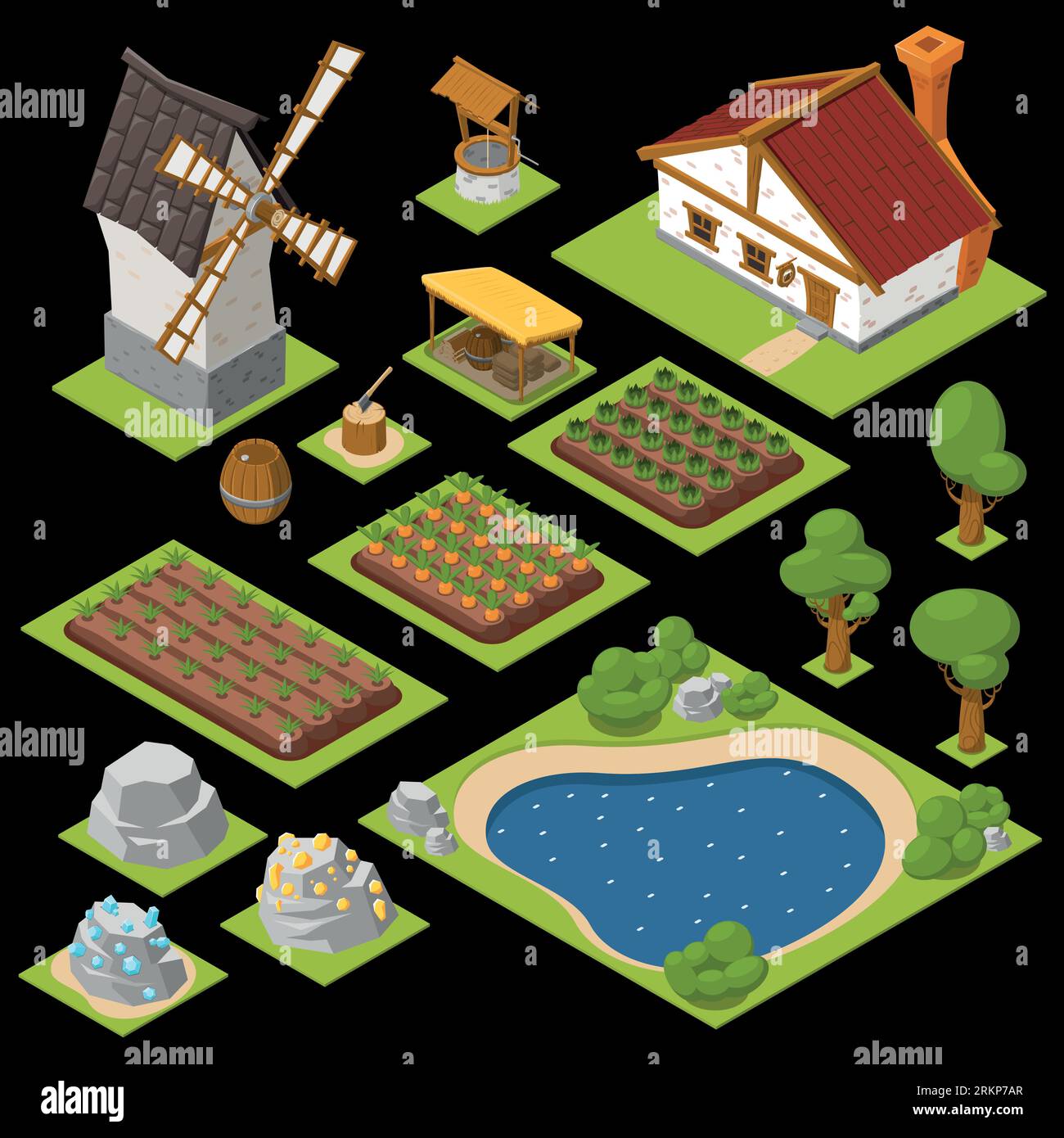 Game colored isometric icon set beds with seedlings mill pond ...