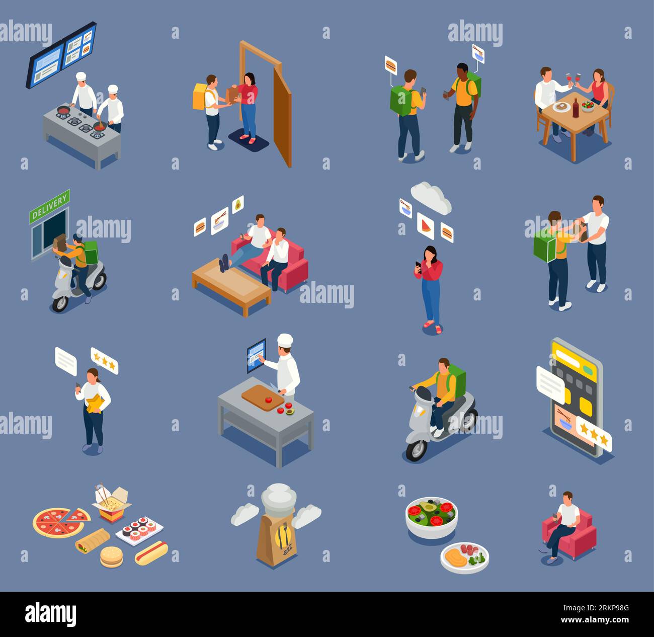 Cloud kitchen isometric icons collection with couriers and people ...