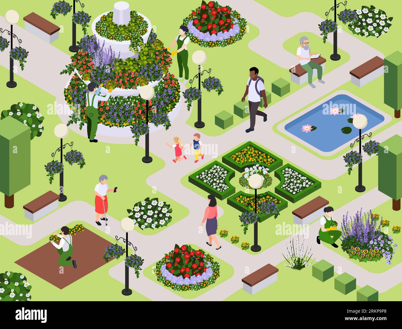 Florist city event flower decoration isometric composition with outdoor