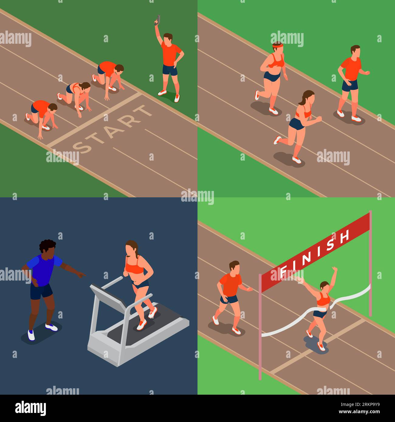 Running people 2x2 design concept with marathon runners and woman jogging on treadmill 3d isometric isolated vector illustration Stock Vector