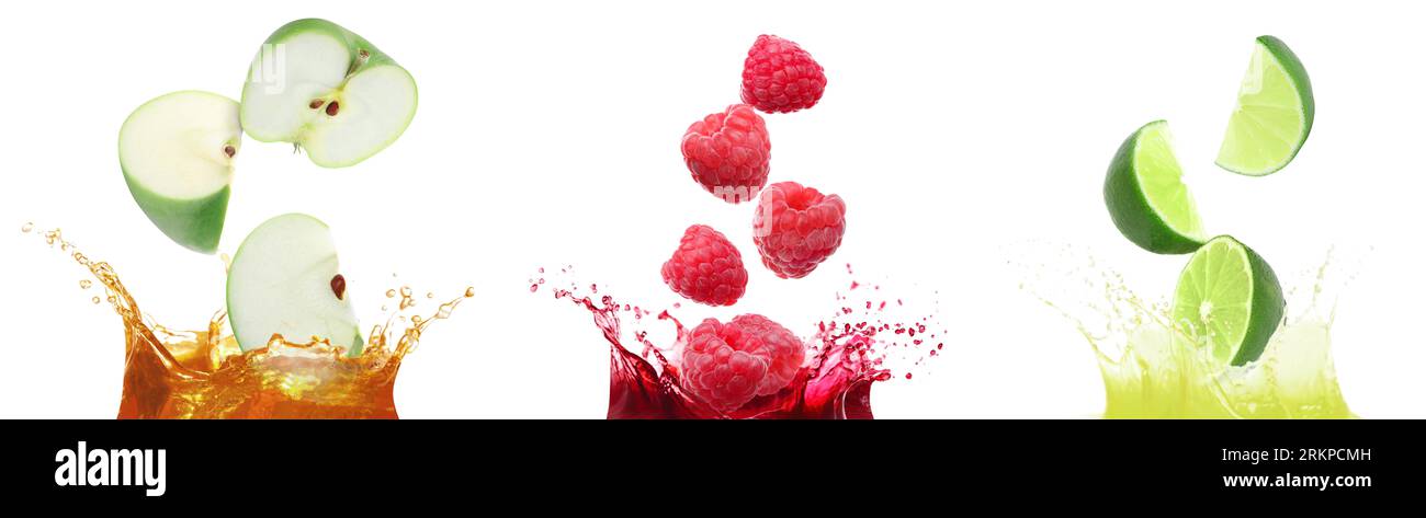 Set with apple, lime, raspberry juices and fresh fruits isolated on ...