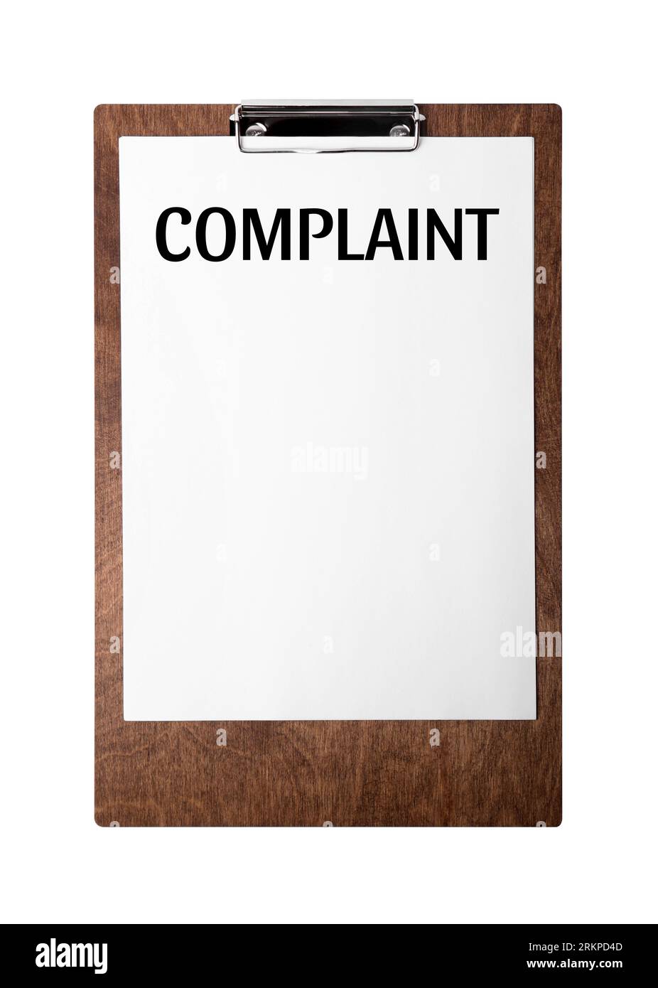 Paper with word Complaints attached to clipboard on white background Stock Photo