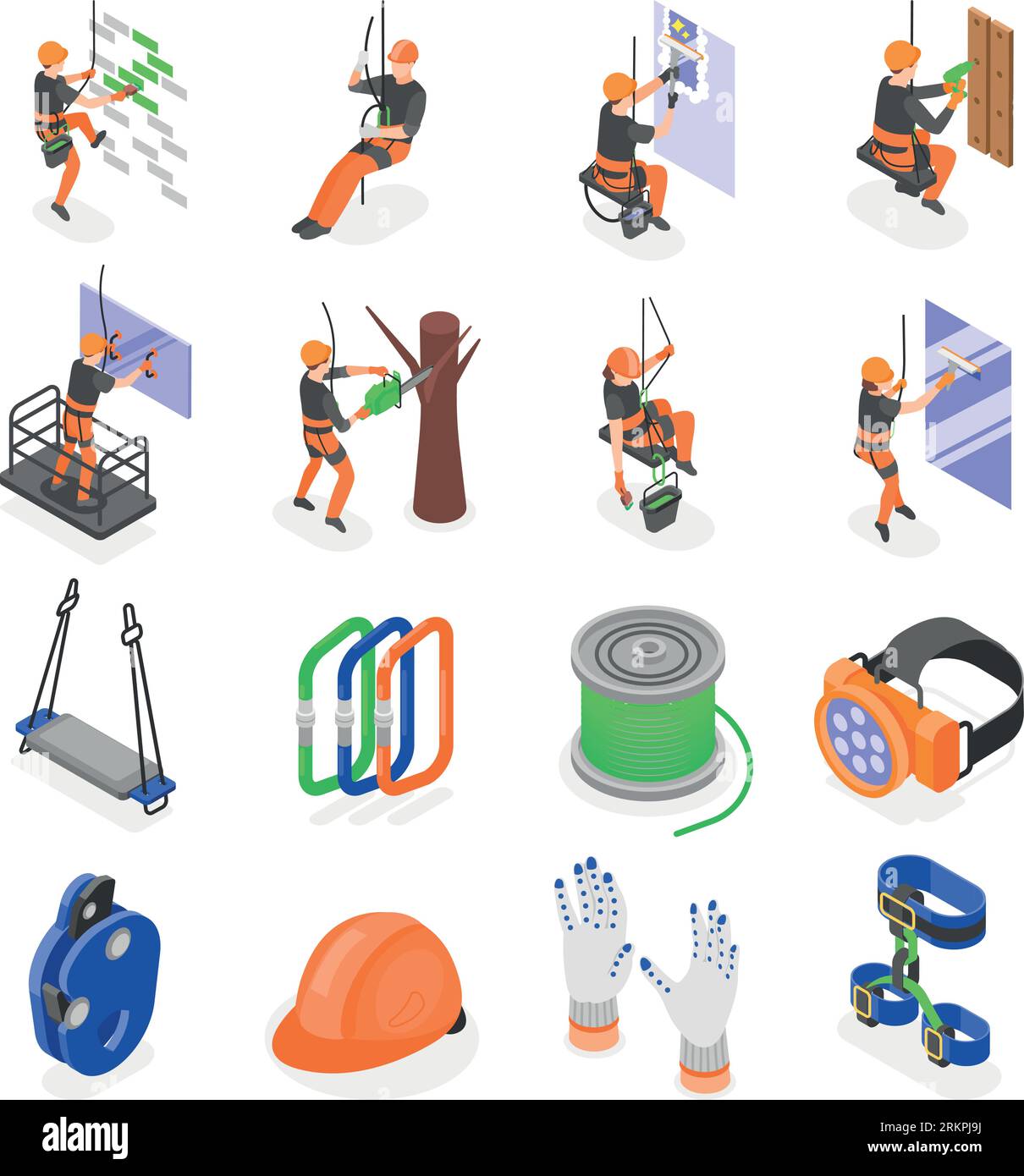 Industrial climber isometric set of special equipment and people in helmet and safety belt working at height isolated vector illustration Stock Vector