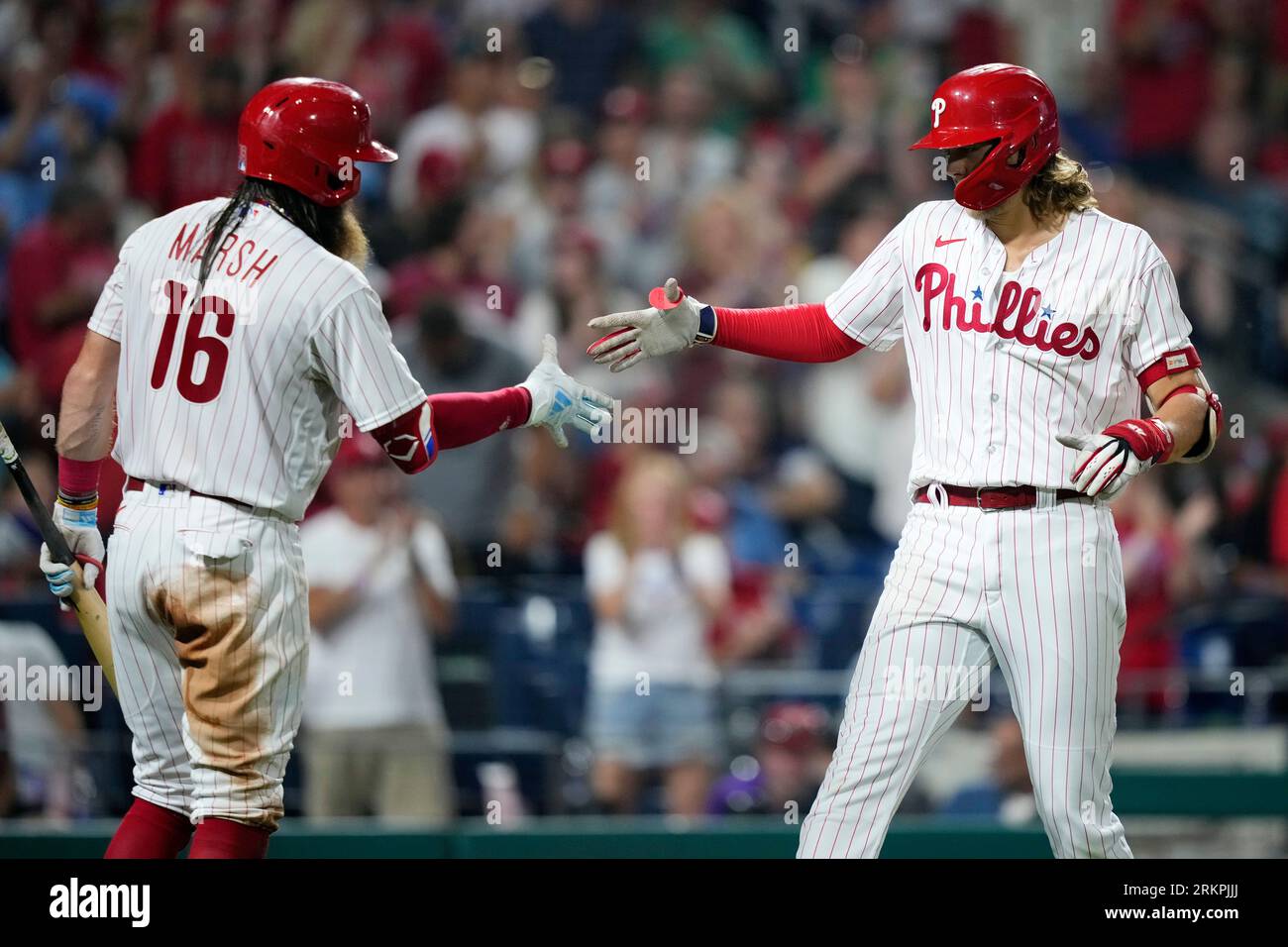 Philadelphia Phillies' Alec Bohm (28) celebrates with Brandon Marsh after  scoring a home run in the sixth inning of a baseball game against the  Atlanta Braves, Sunday, Sept. 18, 2022, in Atlanta. (