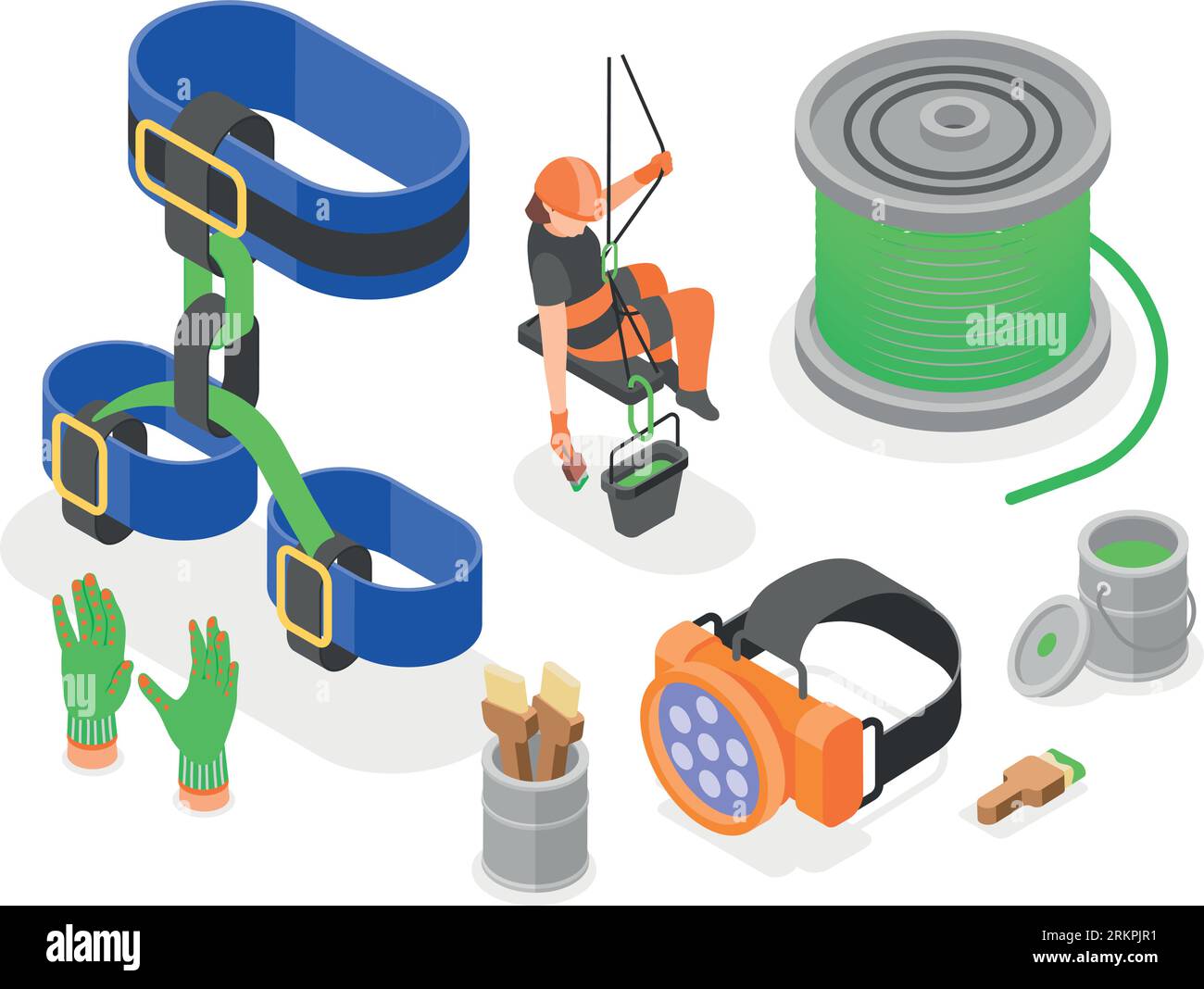 Industrial climber tools isometric composition with set of rope access