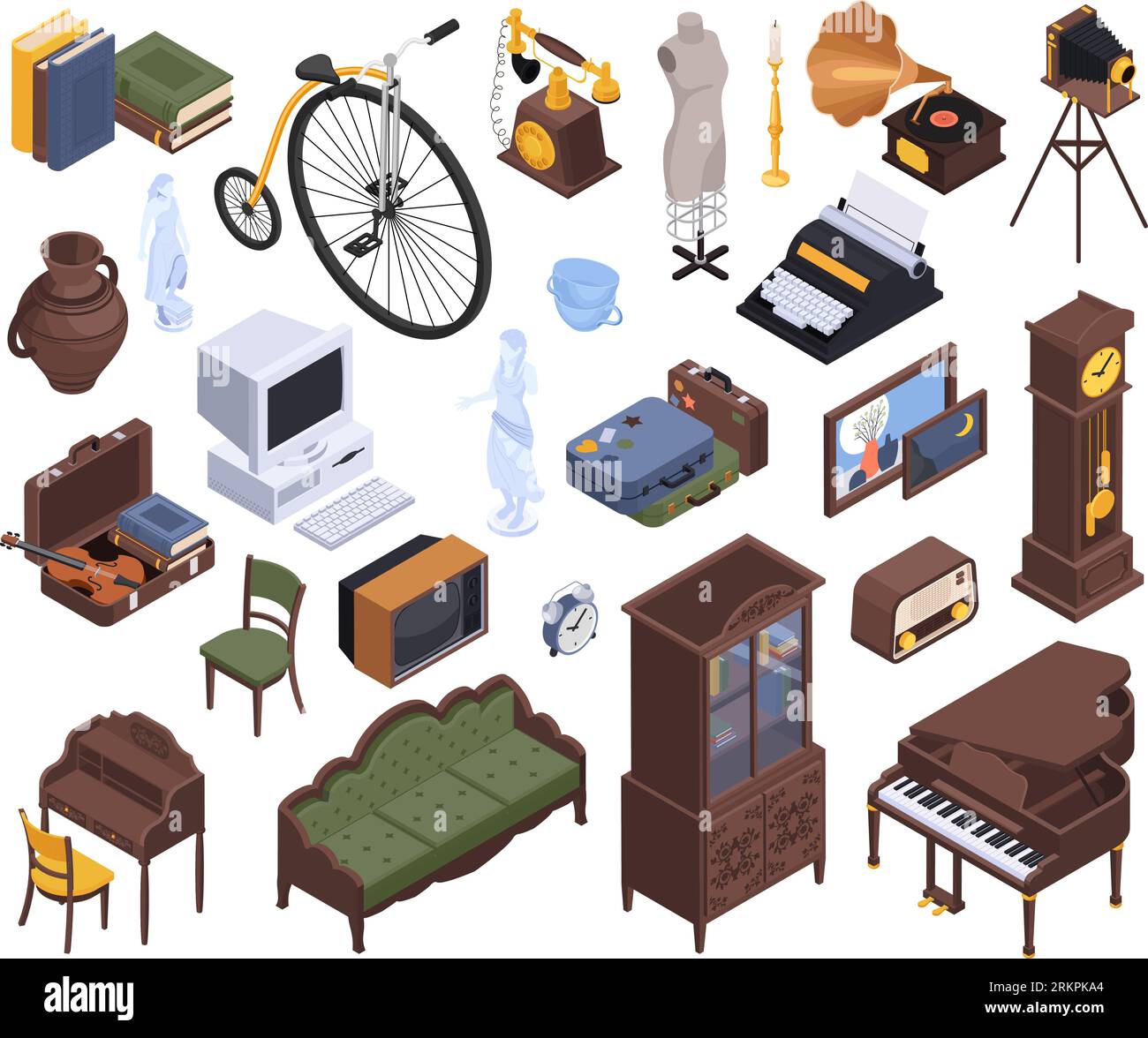 Antiquarian antique isometric set of isolated icons with vintage furniture goods and devices on blank background vector illustration Stock Vector