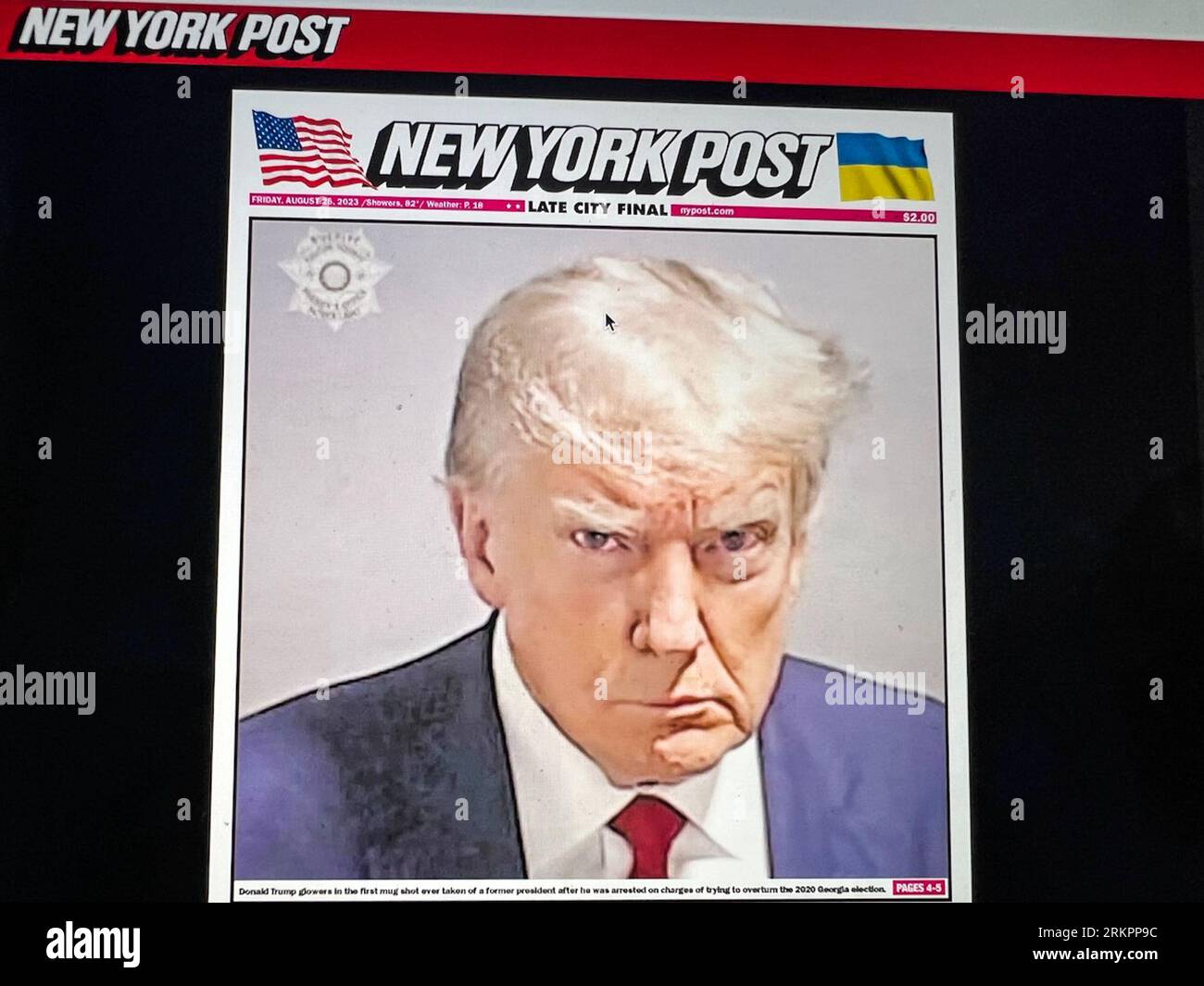 New York, United States. 25th Aug, 2023. The booking photo of Donald Trump, former President of the United States of America, is seen on the front page of the New York Post on Aug. 25, 2023. The booking photo, the first mug shot of an American president, was released to the media by the Fulton County Sheriff's Office, after Trump surrendered at the Fulton County Jail on charges related to a Georgia case alleging an illegal plot to overturn the former president's 2020 election loss. (Photo by Samuel Rigelhaupt/Sipa USA) Credit: Sipa USA/Alamy Live News Stock Photo