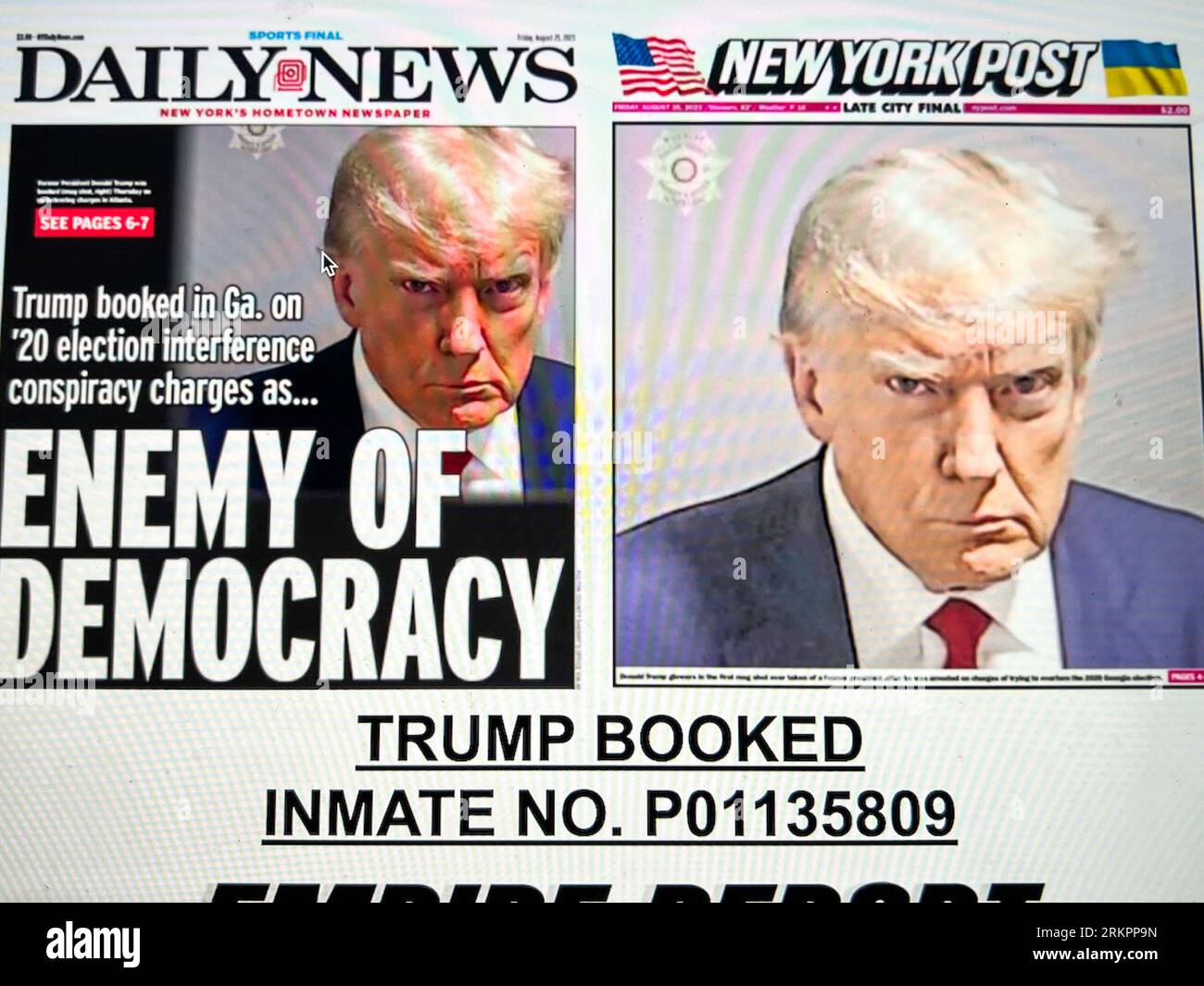 New York, United States. 25th Aug, 2023. The booking photo of Donald Trump, former President of the United States of America, is seen on the front pages of The Daily News and the New York Post on Aug. 25, 2023. The booking photo, the first mug shot of an American president, was released to the media by the Fulton County Sheriff's Office, after Trump surrendered at the Fulton County Jail on charges related to a Georgia case alleging an illegal plot to overturn the former president's 2020 election loss. (Photo by Samuel Rigelhaupt/Sipa USA) Credit: Sipa USA/Alamy Live News Stock Photo